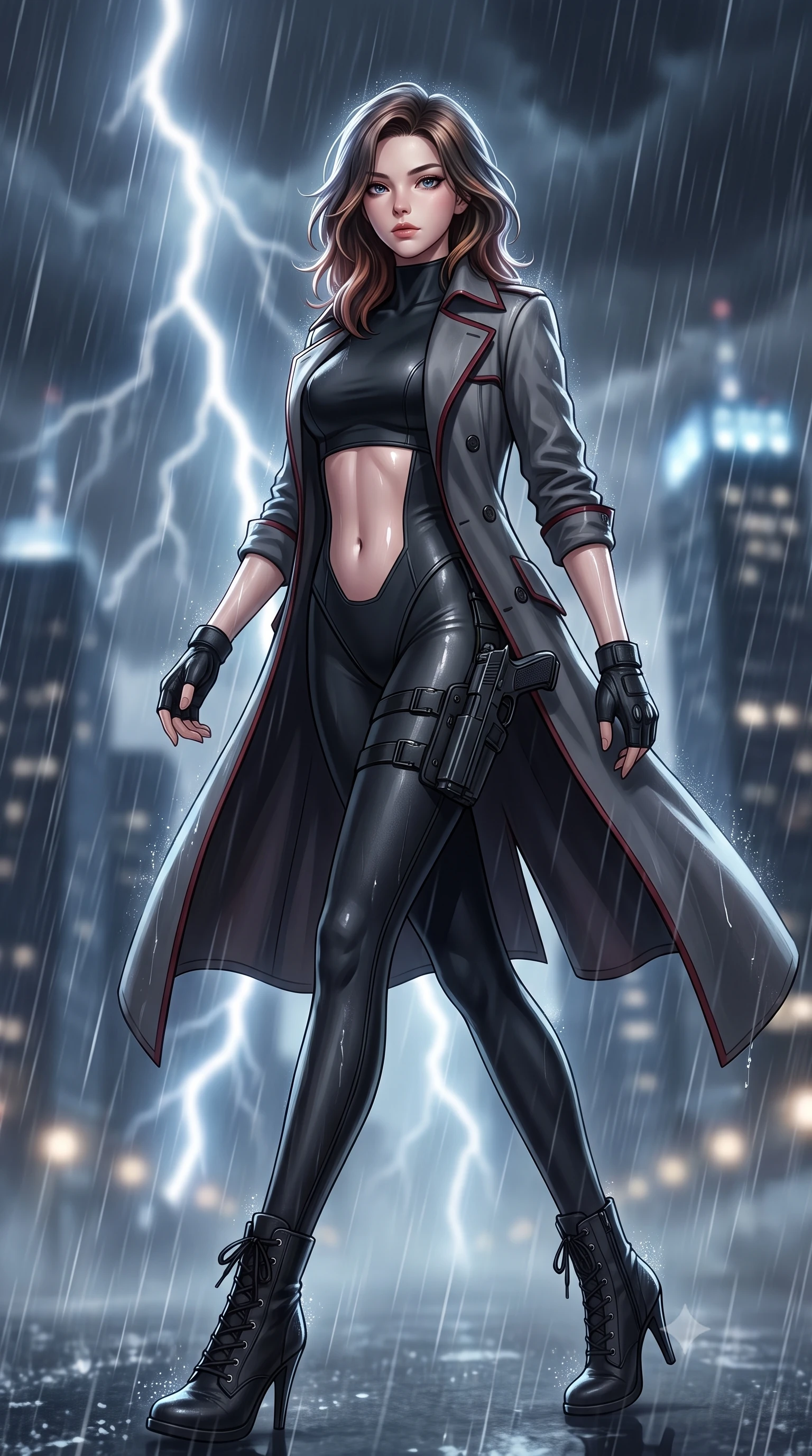 score_9, masterpiece, best quality, ultra-detailed, high-budget anime keyframe, semi-realistic 3D game render, editorial fashion photography, tasteful artistic composition, Korean woman. low angle full-body shot from head to toe showing her feet, filling the entire 9:16 vertical frame with her statuesque presence, stretching her vertical silhouette. striding forward in a proud, dynamic supermodel runway stride, her statuesque vertical silhouette commanding the entire frame while striding through the rainstorm with lethal grace, grappling gun holstered at her hip as thunder rumbles overhead. The composition keeps background elements in soft focus with creamy bokeh. violent lightning forks and distant glowing skyscraper crowns blurred into charcoal, slate-blue, and electric white bokeh. She has an absolutely perfect, statuesque 8.5-heads proportion, an exceptionally tall and slender model-like female figure with impossibly long slender legs, a toned flat midriff, and an ultra-slim waist. sharp v-shaped jawline, high-bridge nose, intricate jewel-like eyes with depth, thick eyelashes, glossy lips with a natural sheen, captivating and magnetic expression, flawlessly proportioned anatomical accuracy, strict slender model proportions, natural body alignment, perfectly sculpted long slender limbs, ultra-slim waistline, clean dynamic posture without body distortion. wearing a matte-black aerodynamic stealth leotard worn under an open tailored double-breasted spy trench in storm grey and dark scarlet trim, tailored from water-resistant treated wool gabardine and flexible Kevlar, complemented by tactical fingerless combat gloves and stiletto combat boots, the form-contouring material adhering flawlessly to her sculpted flat midriff and slender torso, emphasizing her long leg lines and perfectly proportioned willowy build. illuminated by wet specular highlights tracing her sculpted flat midriff, waistline, and long legs. highly saturated vibrant anime colors, detailed shading with soft gradients, rich glossy textures, high-contrast stereoscopic depth, volumetric dynamic lighting, master piece, 9:16 ratio