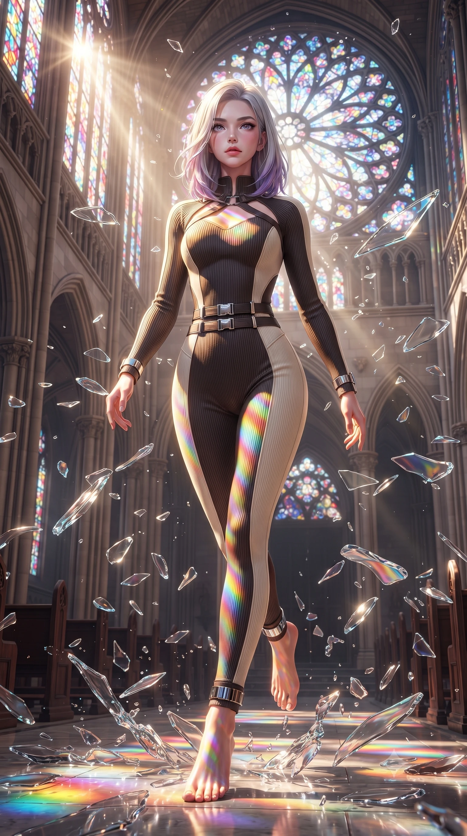 score_9, masterpiece, best quality, ultra-detailed, high-budget anime keyframe, editorial fashion photography, tasteful artistic composition, Caucasian woman. low angle full-body shot from head to toe showing her feet, filling the entire 9:16 vertical frame with her statuesque presence, stretching her vertical silhouette. stepping forward with proud posture, filling the vertical frame with her magnetic presence leaping through shattered liquid glass fragments in a illuminated cathedral, vibrant rainbow light patterns projected across her skin and costume. She has an absolutely perfect, statuesque 8.5-heads proportion, an exceptionally tall and slender model-like female figure with impossibly long slender legs and an ultra-slim waist. sharp v-shaped jawline, high-bridge nose, intricate jewel-like eyes with depth, thick eyelashes, glossy lips with a natural sheen. wearing a form-fitting ribbed activewear set with collar cutouts in espresso brown and warm cream, made of fine carbon-fiber weave and soft matte leather, detailed with polished silver buckles along the waistline, the elegant draped fit framing her graceful clavicle and slender torso. lit by bright sunbursts creating vivid, saturated color projections. highly saturated vibrant anime colors, detailed shading with soft gradients, rich glossy textures, high-contrast stereoscopic depth, volumetric dynamic lighting, master piece, 9:16 ratio