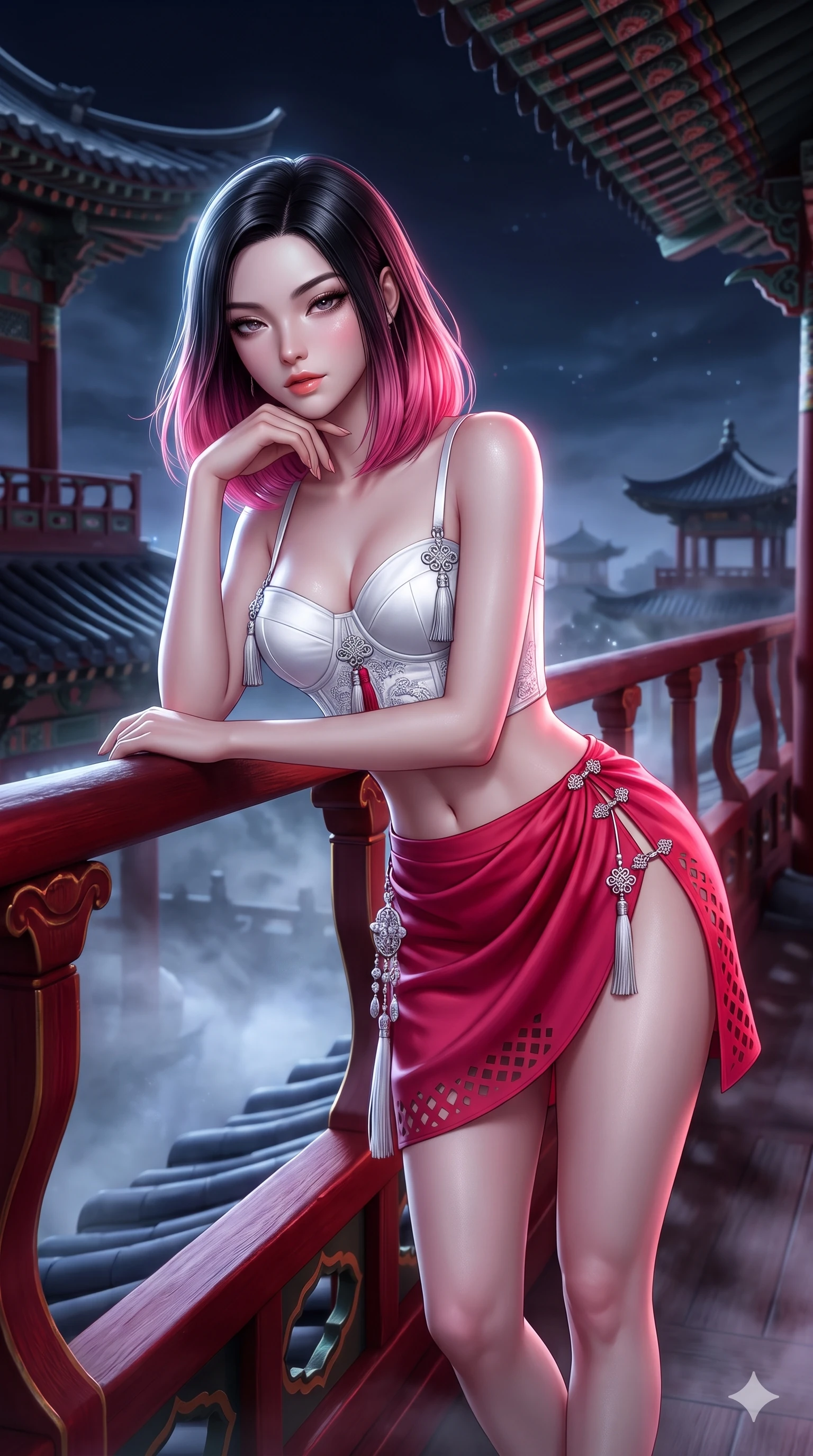 score_9, masterpiece, best quality, ultra-detailed, high-budget anime keyframe, semi-realistic 3D game render, editorial fashion photography, tasteful artistic composition, Korean woman. close-up cowboy shot from the waist and thighs up, the character dominates the composition, filling the frame with her large presence. resting one elbow on the lacquered balustrade and supporting her chin, leaning close to the camera with heavy-lidded sparkling eyes and parted lips while stepping slowly along the curved roof tiles with feline grace, hips swaying in an alluring sensual rhythm that accentuates her curvy hourglass build. The background shows a soft-focus soaring imperial palace rooftop softened in high-altitude architectural shallow focus. She has an exceptionally elegant, slender, and willowy female figure with an ultra-slim waist, flat toned midriff, narrow ribcage, and sculpted feminine hips creating an alluring, slim hourglass silhouette without bulk. sharp v-shaped jawline, high-bridge nose, sparkling eyes with hypnotic seductive depth, thick curled eyelashes, glossy parted lips with a natural dewy peach sheen, alluring bedroom-eyes with an enchanting coquettish smile, exuding magnetic siren charisma and sophisticated glamour, flawlessly proportioned anatomical accuracy, strict slender model proportions, natural body alignment, perfectly sculpted long slender limbs, ultra-slim waistline, clean dynamic posture without body distortion. wearing a structured underwire silk bustier top with norigae accents paired with a high-cut draped sarong mini wrap in pure snow white and vivid cherry blossom crimson, adorned with laser-cut diamond side panels revealing teasing glimpses of bare skin, finished with an ultra-high side slit secured by miniature jeweled clasps, the form-contouring silhouette accentuating her sculpted flat midriff, narrow delicate ribcage, and gracefully curvy hips with intoxicating allure. illuminated by moonlit valley mist upward bounce and sharp silver-topaz rim lights defining her razor-sharp jawline, narrow waist, and curvy hips. highly saturated vibrant anime colors, detailed shading with soft gradients, rich glossy textures, high-contrast stereoscopic depth, volumetric dynamic lighting, master piece, 9:16 ratio