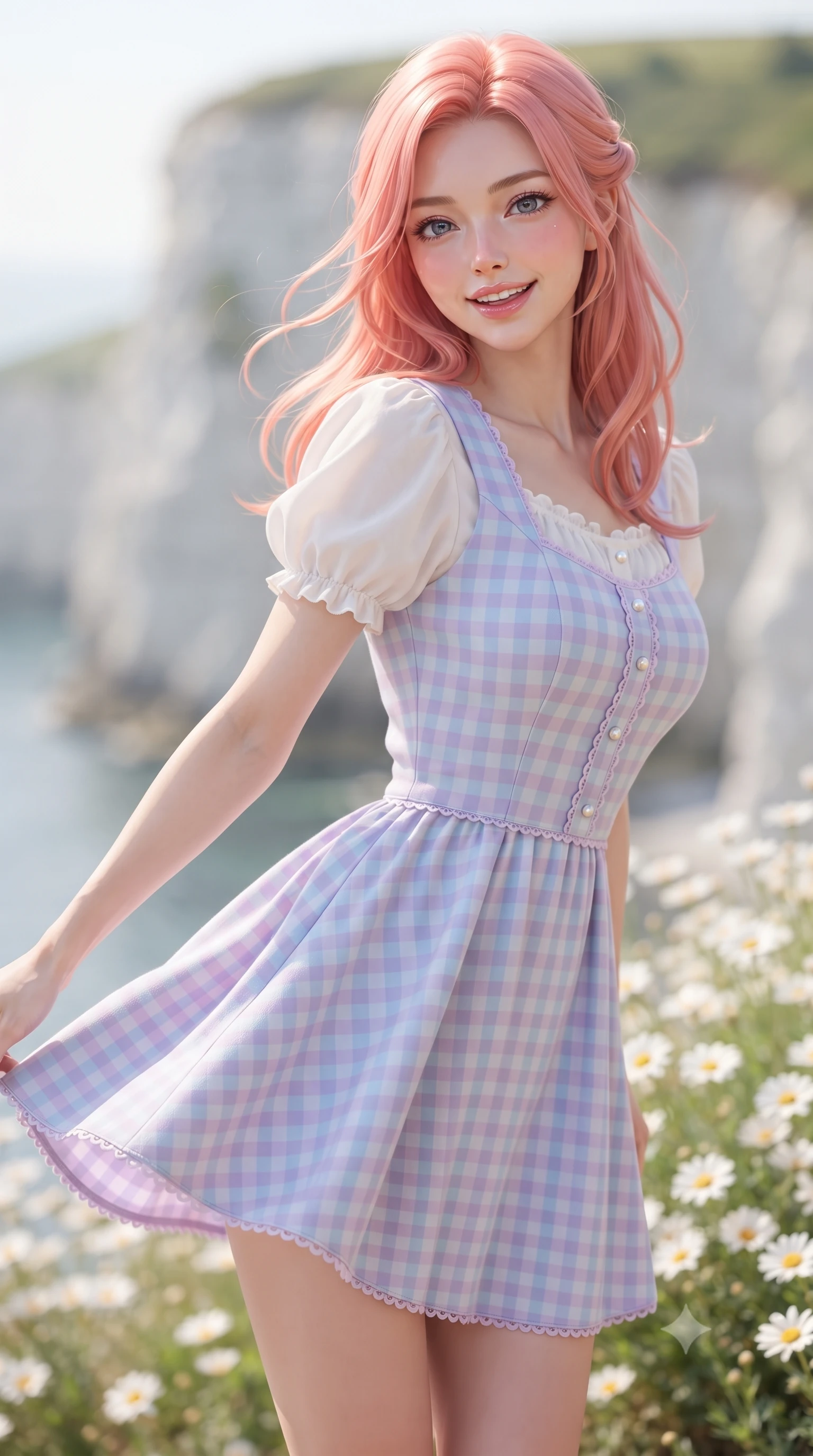 score_9, masterpiece, best quality, ultra-detailed, high-budget anime keyframe, editorial fashion photography, tasteful artistic composition, Japanese woman. close-up cowboy shot from the waist and thighs up, the character dominates the composition, filling the frame with her large presence. smiling warmly with slightly parted glossy lips and a lovely expression, her upper body turning dynamically toward the camera while turning playfully as salty sea breezes flutter her dress hem and hair, exuding pure refreshing youthfulness. The composition keeps background elements in soft focus with creamy bokeh. white coastal limestone cliffs and blooming sea daisies softened in creamy shallow focus. She has an exceptionally elegant, slender, and willowy female figure with an ultra-slim waist, a gracefully sculpted slender torso, toned flat midriff, and a refined slim silhouette. sharp v-shaped jawline, high-bridge nose, intricate jewel-like eyes with depth, thick eyelashes, glossy lips with a natural sheen, pure and lovely fresh girlhood expression, flawlessly proportioned anatomical accuracy, strict slender model proportions, natural body alignment, perfectly sculpted long slender limbs, ultra-slim waistline, clean dynamic posture without body distortion. wearing a charming pastel gingham pinafore dress layered over a soft white puff-sleeve blouse in soft pastel lavender and delicate sky blue, knitted from ultra-soft cozy baby-cashmere yarn, finished with delicate scallop trims and tiny pearl buttons, the relaxed yet flattering fit accentuating her naturally graceful and slender figure, highlighting her youthful charm and lovely silhouette. illuminated by crisp directional daylight defining her flawless features and slender silhouette. ultra-reflective glossy finish, specular highlights, rich natural textures, high-contrast stereoscopic depth, volumetric dynamic lighting, 2k, ultra detail, master piece, 9:16 ratio