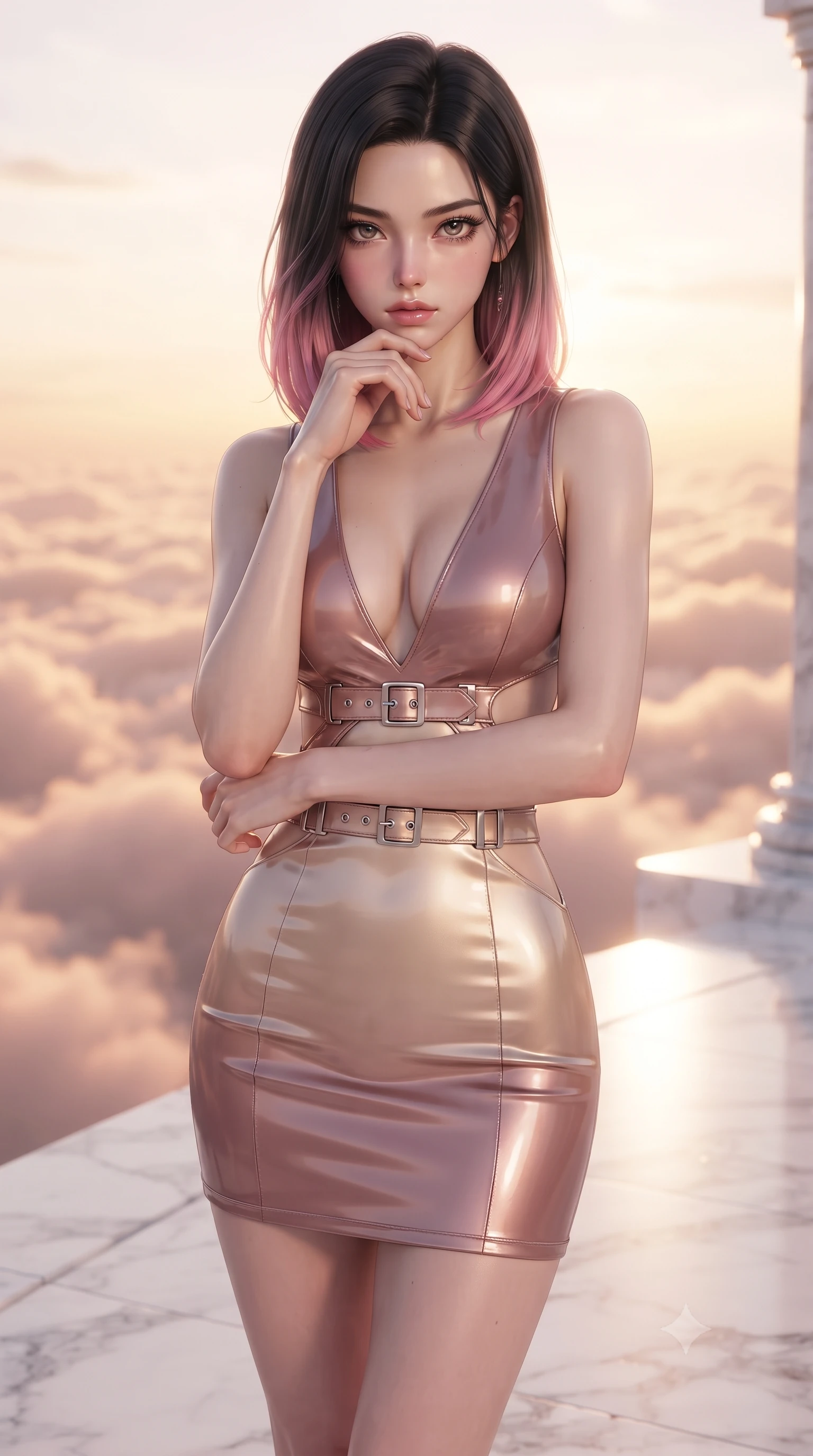 score_9, masterpiece, best quality, ultra-detailed, high-budget anime keyframe, editorial fashion photography, tasteful artistic composition, Korean woman. close-up cowboy shot from the waist and thighs up, the character dominates the composition, filling the frame with her large presence, background elements kept in soft focus. Resting her chin on the backs of her fingers, casting a sharp, mysterious gaze standing on a floating white marble terrace above a sea of rose-gold clouds, soft rose-gold and amber sunset light reflecting off polished marble. She has an exceptionally elegant, slender, and willowy female figure with an ultra-slim waist, a gracefully sculpted slender torso, and a refined silhouette. sharp v-shaped jawline, high-bridge nose, intricate jewel-like eyes with depth, thick eyelashes, glossy lips with a natural sheen. wearing a liquid mercury gloss mini dress with ultra-deep V-neck and waist cutouts in dusty rose and champagne gold, tailored from high-gloss patent leather, detailed with polished silver buckles along the waistline, the tailored fabric tightly following every curve of her athletic build. bathed in glorious golden hour sunbeams and warm rose-gold ambient light. ultra-reflective glossy finish, specular highlights, metallic sheen, high-contrast stereoscopic depth, volumetric dynamic lighting, 2k, ultra detail, master piece, 9:16 ratio