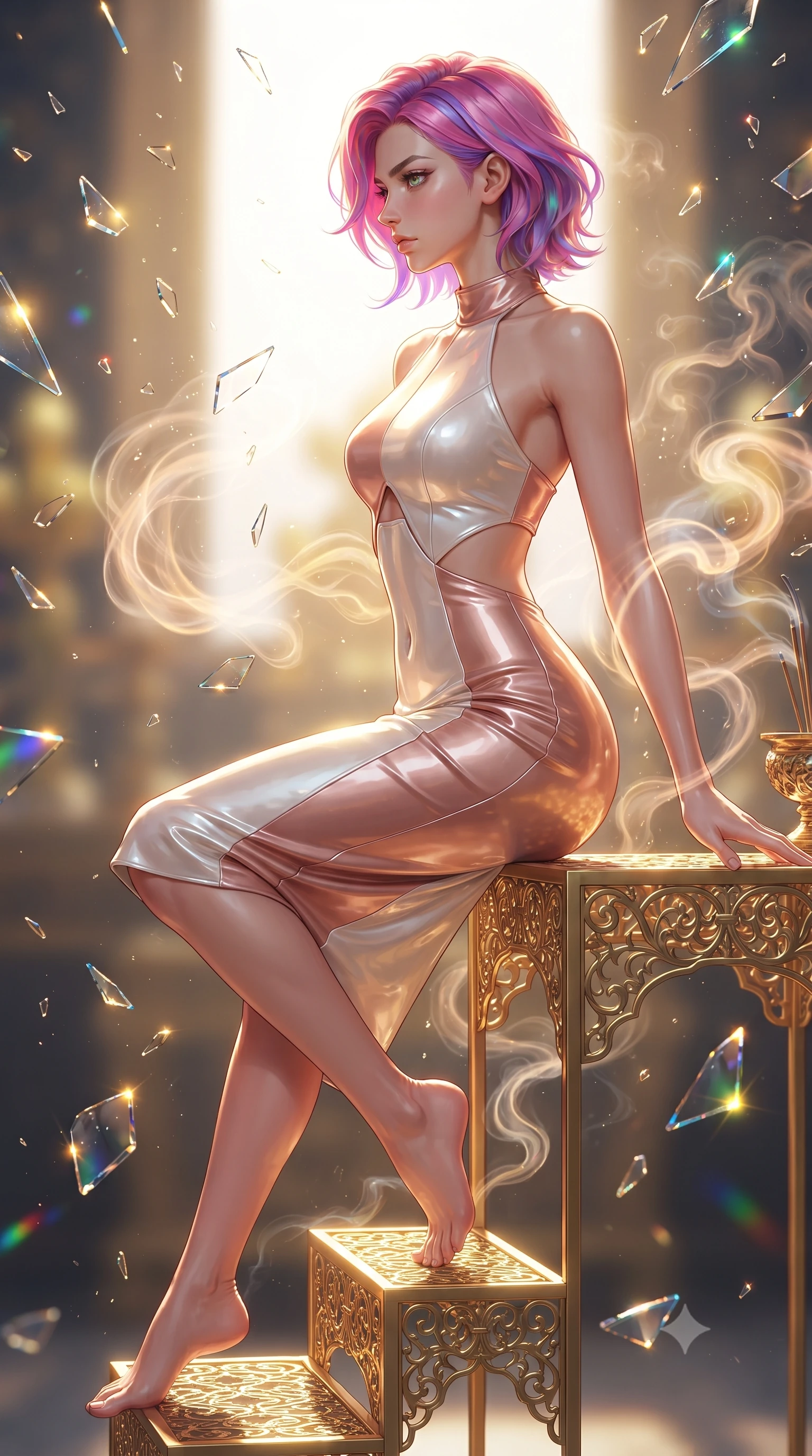 score_9, masterpiece, best quality, ultra-detailed, high-budget anime keyframe, editorial fashion photography, tasteful artistic composition, Caucasian woman. close-up cowboy shot from the waist and thighs up, the character dominates the composition, filling the frame with her large presence, background elements kept in soft focus. Turning her face in sharp dramatic profile against the bright light, showcasing her sharp v-shaped jawline poised on a golden filigree altar surrounded by glowing incense vapors, shattered glass shards catching bright specular highlights in mid-air. She has an exceptionally elegant, slender, and willowy female figure with an ultra-slim waist, a gracefully sculpted slender torso, and a refined silhouette. sharp v-shaped jawline, high-bridge nose, intricate jewel-like eyes with depth, thick eyelashes, glossy lips with a natural sheen. wearing a velvet halter-neck midi dress following her form like a glove in pearl white and rose gold, tailored from high-gloss patent leather, featuring subtle geometric cutouts that highlight her ultra-slim midriff, the glove-like fit emphasizing her statuesque silhouette. illuminated by a warm golden key light and brilliant multi-color rim light. highly saturated vibrant anime colors, detailed shading with soft gradients, rich glossy textures, high-contrast stereoscopic depth, volumetric dynamic lighting, master piece, 9:16 ratio