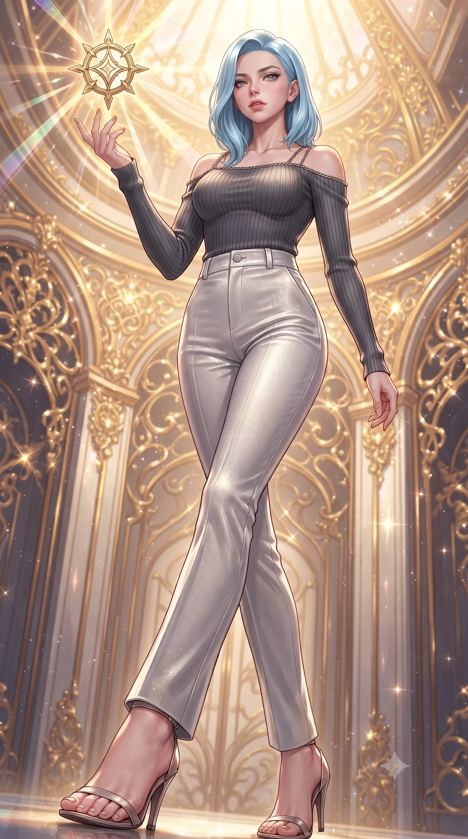 score_9, masterpiece, best quality, ultra-detailed, high-budget anime keyframe, editorial fashion photography, tasteful artistic composition, Korean woman. low angle full-body shot from head to toe showing her feet, filling the entire 9:16 vertical frame with her statuesque presence, stretching her vertical silhouette. stepping forward with proud posture, filling the vertical frame with her magnetic presence touching a floating golden icon surrounded by kaleidoscope light rays, golden filigree details on the architecture shining with brilliant luster. She has an absolutely perfect, statuesque 8.5-heads proportion, an exceptionally tall and slender model-like female figure with impossibly long slender legs and an ultra-slim waist. sharp v-shaped jawline, high-bridge nose, intricate jewel-like eyes with depth, thick eyelashes, glossy lips with a natural sheen. wearing a sleek off-shoulder ribbed knit top paired with high-waist tailored pants in charcoal grey and platinum, made of premium stretch velvet with a rich sheen, adorned with delicate metallic chain straps along the neckline, the glove-like fit emphasizing her statuesque silhouette. illuminated by a warm golden key light and brilliant multi-color rim light. highly saturated vibrant anime colors, detailed shading with soft gradients, rich glossy textures, high-contrast stereoscopic depth, volumetric dynamic lighting, master piece, 9:16 ratio