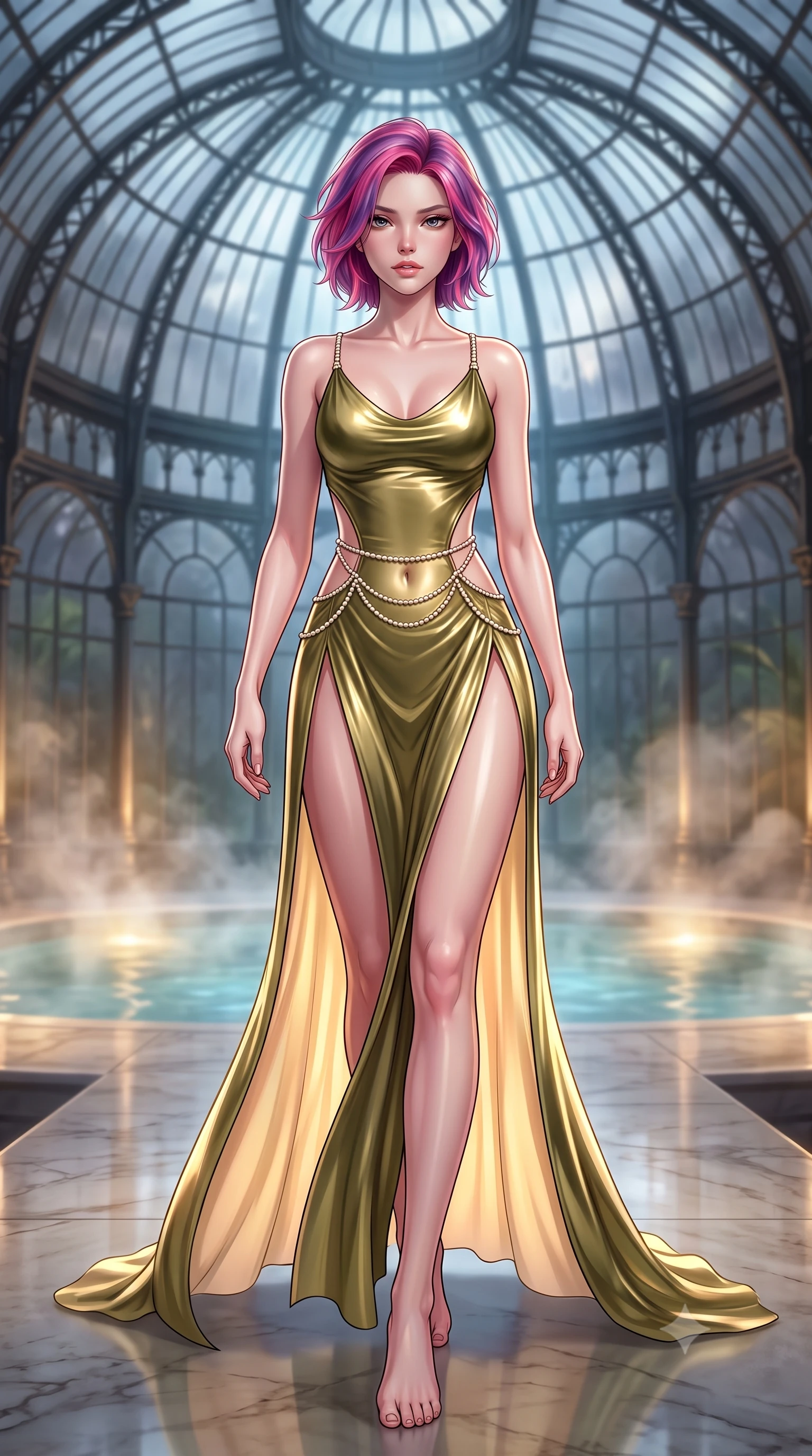 score_9, masterpiece, best quality, ultra-detailed, high-budget anime keyframe, semi-realistic 3D game render, editorial fashion photography, tasteful artistic composition, Caucasian woman. low angle full-body shot from head to toe showing her feet, filling the entire 9:16 vertical frame with her statuesque presence, stretching her vertical silhouette. striding forward in a proud supermodel runway stride, hips swaying in an alluring kinetic rhythm that accentuates her curvy hourglass silhouette while reclining face down atop a floating giant Victoria water lily pad with head turned toward the lens, legs playfully bent at the knees to highlight her hip silhouette. The composition keeps background elements in soft focus with creamy bokeh. steaming pool water vapors and curved Victorian iron ribs softened in dreamy shallow focus. She has an absolutely perfect, statuesque 8.5-heads proportion, an exceptionally tall and slender model-like female figure with impossibly long slender legs, a toned flat midriff, an ultra-slim waist, and beautifully sculpted feminine hips. sharp v-shaped jawline, high-bridge nose, intricate jewel-like eyes with depth, thick eyelashes, glossy parted lips with a natural sheen, intensely captivating and seductive bedroom-eyes expression, flawlessly proportioned anatomical accuracy, strict slender model proportions, natural body alignment, perfectly sculpted long slender limbs, ultra-slim waistline, clean dynamic posture without body distortion. wearing a liquid metallic olive gown with open side slits ascending to the high hip in radiant champagne and soft sunlight cream, woven from fine organic mulberry silk with metallic gold thread, accented with dainty pearl waist chains framing her sun-kissed midriff, the liquid-tight tailored fabric clinging flawlessly to her narrow waist and rounded feminine hips, emphasizing every millimeter of her sculpted hourglass curves during movement. bathed in cool silver moonlight filtering through the glass dome and warm underwater pool uplights. highly saturated vibrant anime colors, detailed shading with soft gradients, rich glossy textures, high-contrast stereoscopic depth, volumetric dynamic lighting, master piece, 9:16 ratio