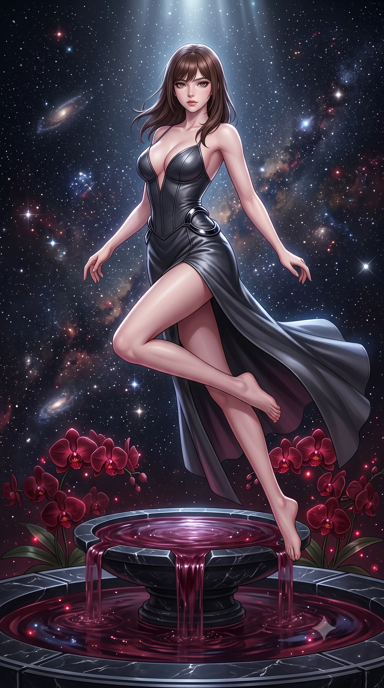 score_9, masterpiece, best quality, ultra-detailed, high-budget anime keyframe, editorial fashion photography, tasteful artistic composition, Korean woman. low angle full-body shot from head to toe showing her feet, filling the entire 9:16 vertical frame with her statuesque presence, stretching her vertical silhouette. leaping dynamically through the starry space, her posture full of power and elegance, resting against a black marble fountain flowing with dark ruby-colored water, blooming red orchids casting subtle bioluminescent ruby highlights. She has an absolutely perfect, statuesque 8.5-heads proportion, an exceptionally tall and slender model-like female figure with impossibly long slender legs and an ultra-slim waist. sharp v-shaped jawline, high-bridge nose, intricate jewel-like eyes with depth, thick eyelashes, glossy lips with a natural sheen. wearing low-cut gothic structured bodice gown with high leg slit in dark charcoal gray, made of polished black leather, accented with sculpted obsidian chrome rings at the waist, sculpting her athletic slender build with refined precision. illuminated by eerie ruby orchid glow and cold silver moonlight from above. highly saturated vibrant anime colors, detailed shading with soft gradients, rich glossy textures, high-contrast stereoscopic depth, volumetric dynamic lighting, master piece, 9:16 ratio