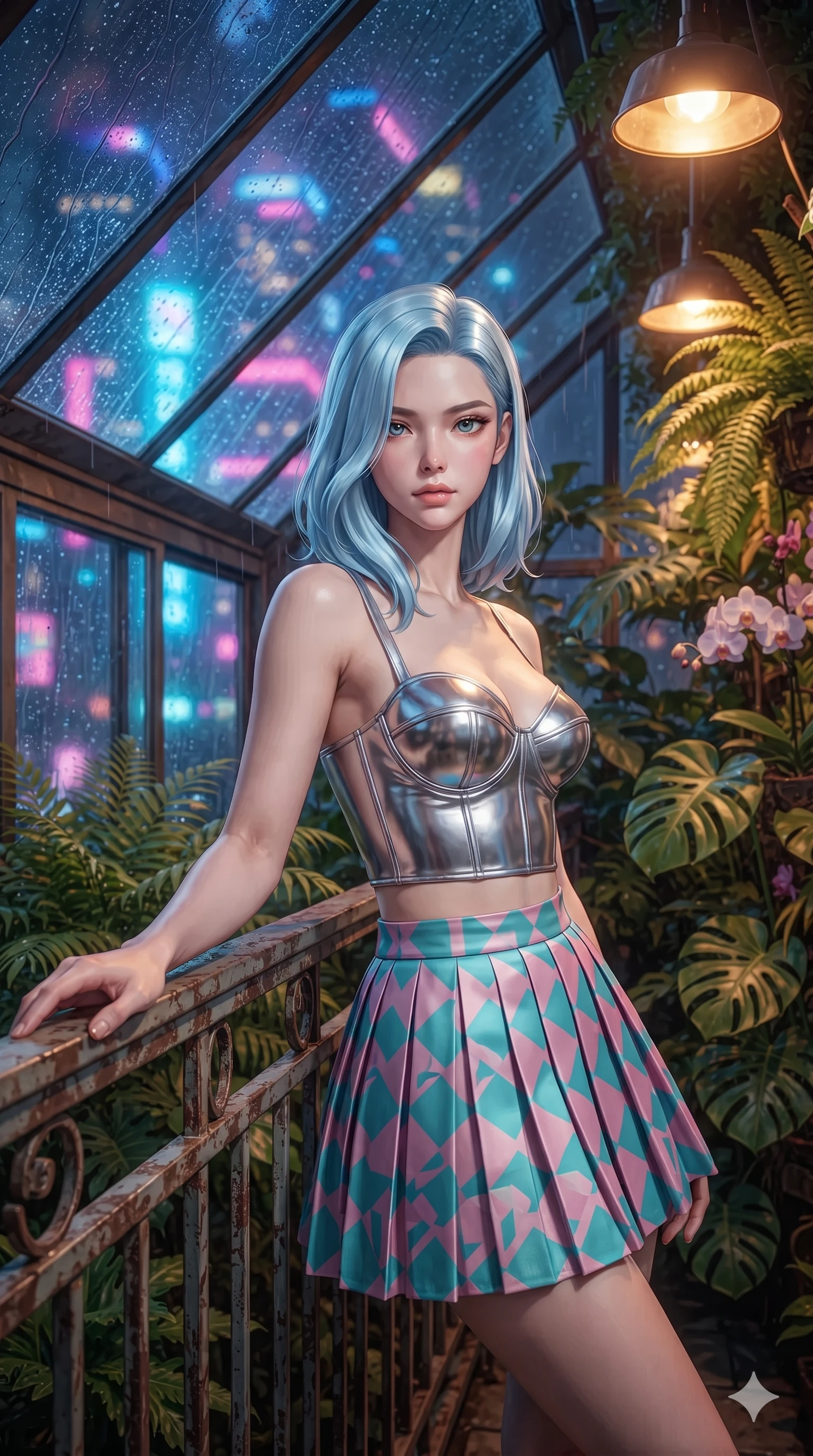 score_9, masterpiece, best quality, ultra-detailed, high-budget anime keyframe, editorial fashion photography, tasteful artistic composition, Korean woman. close-up cowboy shot from the waist and thighs up, the character dominates the composition, filling the frame with her large presence. leaning back against the balustrade with relaxed seductive grace, head tilted back slightly while casting a hypnotic, heavy-lidded gaze while standing poised on the polished black granite walkway inside the high-altitude rooftop greenhouse, arching her back with siren poise as acid rain streams down the slanted glass skylight. The background shows a soft-focus torrents of rain running down faceted glass ceilings, distant neon skyscraper crowns, and lush tropical greenhouse foliage blurred into cyan, emerald, and ruby bokeh. She has an exceptionally elegant, slender, and willowy female figure with an ultra-slim waist, flat toned midriff, narrow ribcage, and sculpted feminine hips creating an alluring, slim hourglass silhouette without bulk. sharp v-shaped jawline, high-bridge nose, intricate jewel-like sparkling eyes with depth, thick eyelashes, glossy parted lips with a natural peach sheen, bright cheerful beaming smile with an enchanting and coquettish sensual glint, exuding both youthful cute charm and seductive allure, flawlessly proportioned anatomical accuracy, strict slender model proportions, natural body alignment, perfectly sculpted long slender limbs, ultra-slim waistline, clean dynamic posture without body distortion. wearing a chrome-plated structured underwire bustier top paired with an ultra-short low-rise pleated micro mini skirt in subterranean lagoon turquoise and lotus blossom pink, crafted from fluid liquid silk satin that clings smoothly to her narrow waist and rounded hips with a dewy sheen, accented with a chrome-drop body harness subtly framing her dewy collarbones and spine, the glove-like clinging cut tightly following the natural contour of her hips and long slender legs with youthful 8.5-heads elegance. bathed in warm 2700K greenhouse grow lamps contrasted with cool exterior neon skyscraper radiance through wet glass. ultra-reflective glossy finish, specular highlights, rich textural contrasts, high-contrast stereoscopic depth, volumetric dynamic lighting, 2k, ultra detail, master piece, 9:16 ratio