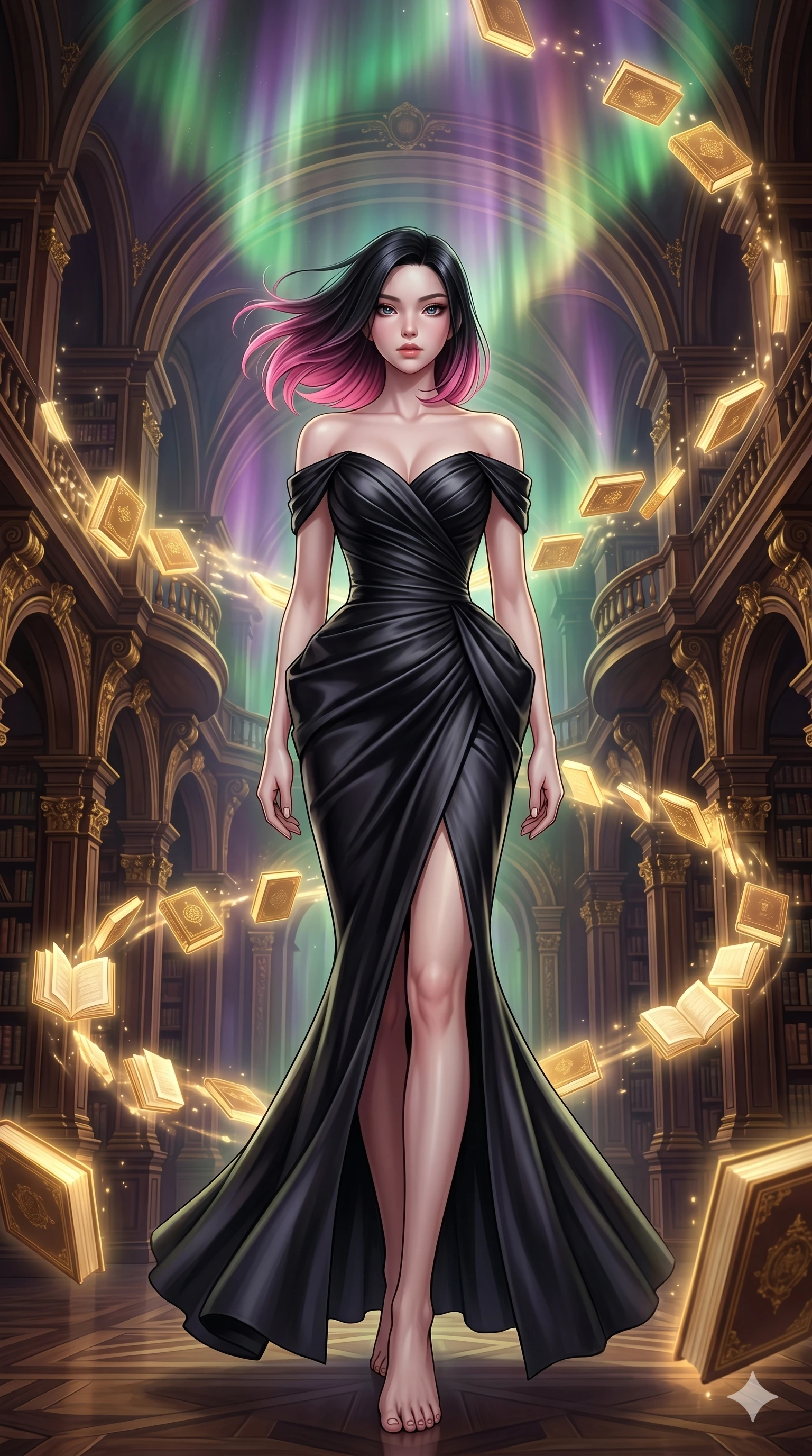 score_9, masterpiece, best quality, ultra-detailed, high-budget anime keyframe, editorial fashion photography, tasteful artistic composition, Korean woman. low angle full-body shot from head to toe showing her feet, filling the entire 9:16 vertical frame with her statuesque presence, stretching her vertical silhouette. Walking in slow-motion with dramatic hair movement behind her amidst a baroque library where glowing golden books orbit in slow spiral patterns. She has an absolutely perfect 8-heads proportion, an exceptionally tall and slender female figure with impossibly long slender legs and an ultra-slim waist. V-shaped jawline, high-bridge nose, intricate jewel-like eyes with depth, thick eyelashes, glossy lips with a natural sheen. wearing an off-shoulder fitted mermaid gown in black pearl satin with sculptural ruched bodice, dramatic hip emphasis, and a fluted fishtail hem with a daring high front slit. illuminated by a shifting aurora palette of green, violet, and gold from above, wrapping her in color. 2k, ultra detail, master piece, 9:16 ratio