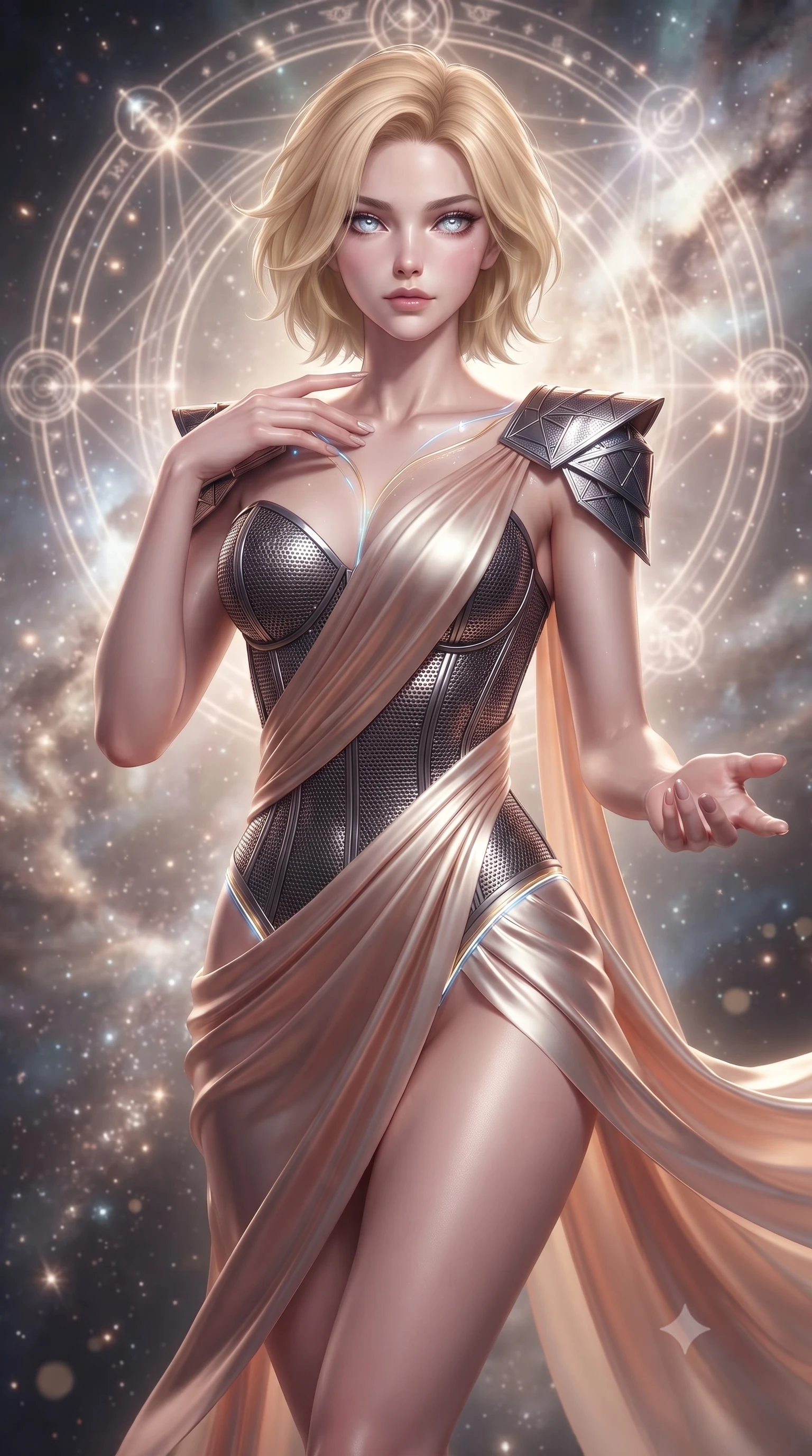 score_9, masterpiece, best quality, ultra-detailed, high-budget anime keyframe, editorial fashion photography, tasteful artistic composition, Caucasian woman. close-up cowboy shot from the waist and thighs up, the character dominates the composition, filling the frame with her large presence. gazing forward with divine sovereign poise, captivating jewel-like eyes shining with transcendent luminescence and alluring grace while resting one hand near her clavicle while floating gracefully with an omnipotent, celestial gaze looking into the lens. The composition keeps background elements in soft focus with creamy bokeh. sparkling subatomic light particles scattering celestial brilliance across the background. She has an exceptionally elegant, slender, and willowy female figure with an ultra-slim waist, a gracefully sculpted slender torso, toned flat midriff, and a refined slim silhouette. sharp v-shaped jawline, high-bridge nose, intricate jewel-like eyes with depth, thick eyelashes, glossy lips with a natural sheen, flawlessly proportioned anatomical accuracy, strict slender model proportions, natural body alignment, perfectly sculpted long slender limbs, ultra-slim waistline, clean dynamic posture without body distortion. wearing a structured titanium-mesh bustier with geometric shoulder pauldrons and an ultra-slender liquid jersey drape in sculpted rose gold and luminescent champagne ivory, made of smooth flowing silk chiffon that shifts colors with movement, accented with glowing fiber-optic seams tracing her collarbones and hip curves, the sleek second-skin cut tightly hugging her graceful clavicle, narrow waist, and feminine curves with athletic precision. surrounded by an awe-inspiring, divine, and radiantly transcendent machine-muse sovereignty aura. ultra-reflective glossy finish, specular highlights, dark metallic sheen, high-contrast stereoscopic depth, volumetric dynamic lighting, 2k, ultra detail, master piece, 9:16 ratio