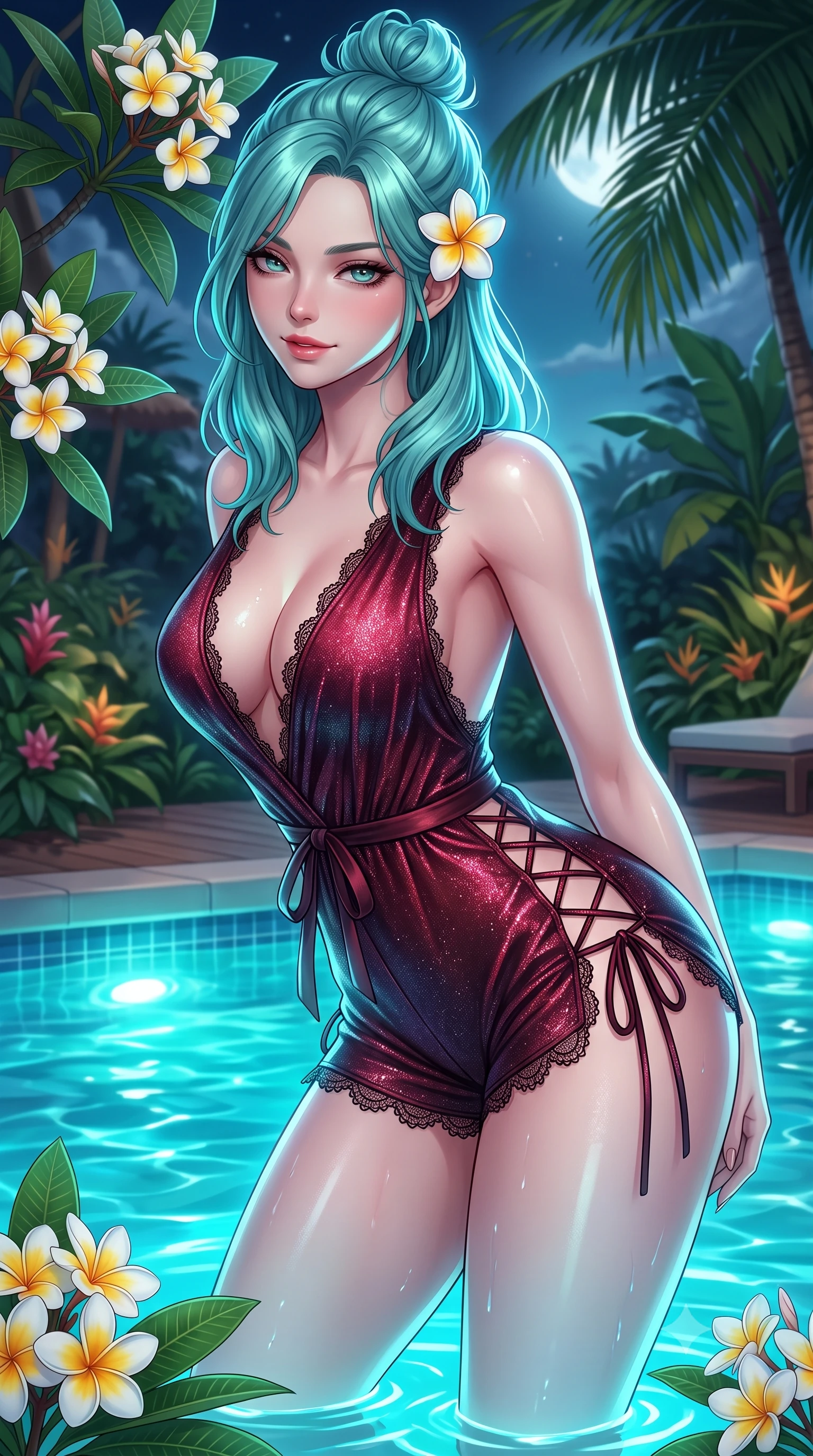 score_9, masterpiece, best quality, ultra-detailed, high-budget anime keyframe, semi-realistic 3D game render, editorial fashion photography, tasteful artistic composition, Japanese woman. close-up cowboy shot from the waist and thighs up, the character dominates the composition, filling the frame with her large presence. leaning forward while arching her lower back to accentuate her curvy hips, looking into the camera with an intoxicating smoldering gaze and bedroom-eyes while twisting her slender torso in an alluring S-curve, glowing submerged thermal lights and moonbeams tracing her flat midriff and curvy hips. The surrounding environment is rendered in vivid detail and crisp panoramic clarity: detailed plunging cowl-neck liquid silk slip gown cling, frangipani flower tucked behind ear, and organic resort landscaping in high resolution. She has an exceptionally elegant, slender, and willowy female figure with an ultra-slim waist, flat toned midriff, narrow ribcage, and sculpted feminine hips creating an alluring, slim hourglass silhouette without bulk. sharp v-shaped jawline, high-bridge nose, sparkling eyes with hypnotic seductive depth, thick curled eyelashes, glossy parted lips with a natural dewy peach sheen, alluring bedroom-eyes with an enchanting coquettish smile, exuding magnetic siren charisma and sophisticated glamour, flawlessly proportioned anatomical accuracy, strict slender model proportions, natural body alignment, perfectly sculpted long slender limbs, ultra-slim waistline, clean dynamic posture without body distortion. wearing a plunge-neck stretch velvet romper with scalloped eyelash-lace hems and a cinched waist ribbon in Gion dark cherry and midnight obsidian, woven from stretch metallic lurex jersey casting radiant starlight glints across her silhouette, featuring fine criss-cross lace-up side ties revealing tantalizing glimpses of her hip curve, the liquid-tight tailored fabric clinging flawlessly to her narrow waist and rounded feminine hips, emphasizing every millimeter of her sculpted slim hourglass curves without any bulky heaviness. illuminated by spring water specular reflections and sharp platinum-turquoise rim lights sculpting her jawline, flat midriff, and curvy hips. highly saturated vibrant anime colors, detailed shading with soft gradients, rich glossy textures, high-contrast stereoscopic depth, volumetric dynamic lighting, master piece, 9:16 ratio