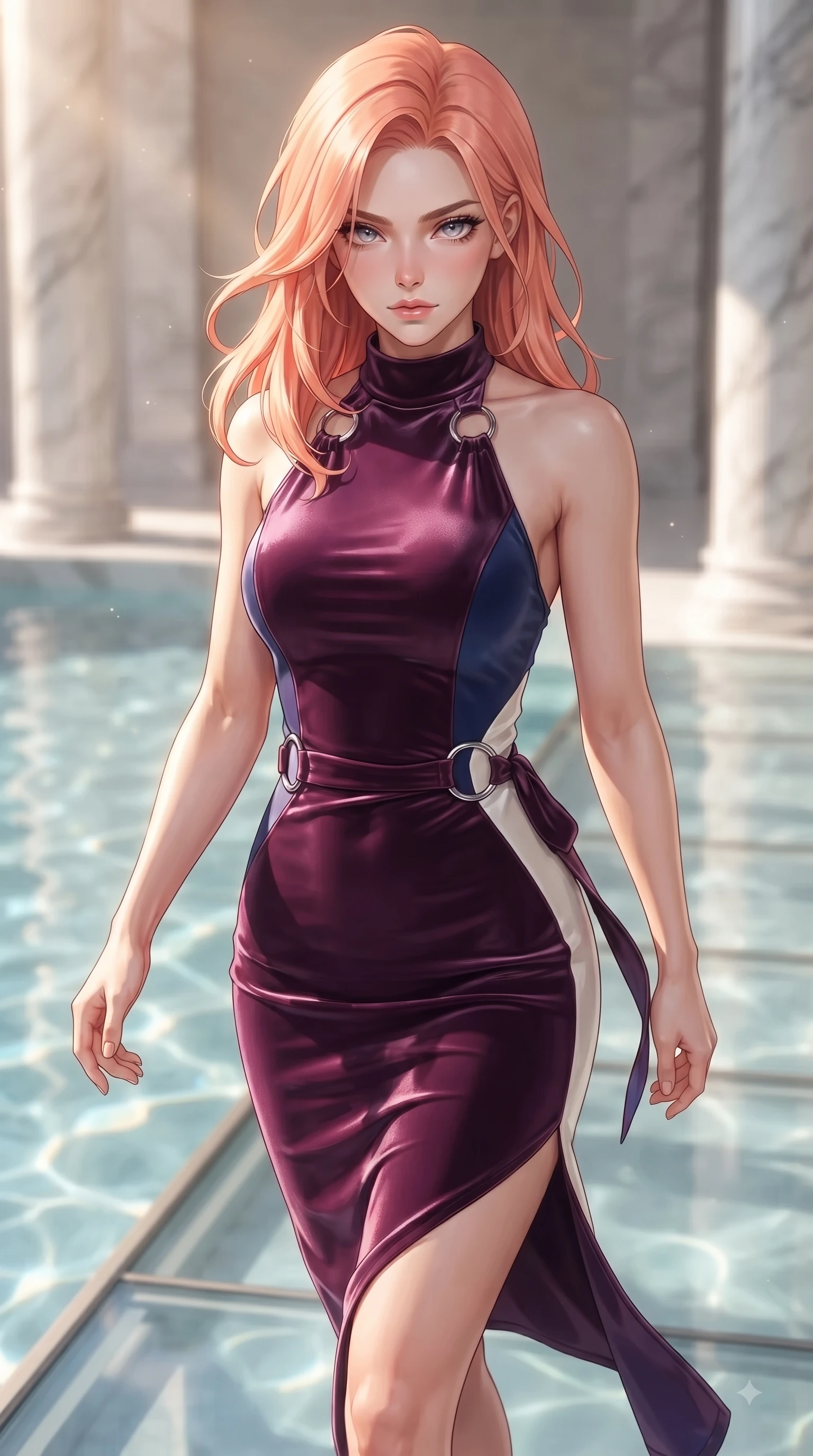 score_9, masterpiece, best quality, ultra-detailed, high-budget anime keyframe, editorial fashion photography, tasteful artistic composition, Japanese woman. close-up cowboy shot from the waist and thighs up, the character dominates the composition, filling the frame with her large presence. Seductively magnetic look casting a fiery side-gaze with full glossy lips and smoldering glamour while stepping gracefully along a glass bridge overlooking a sunlit indoor reflecting pool. The composition keeps background elements in soft focus with dreamy bokeh. sunlit water refractions and marble pillars softened by creamy shallow depth of field. She has an exceptionally elegant, slender, and willowy female figure with an ultra-slim waist, a gracefully sculpted slender torso, and a refined silhouette. sharp v-shaped jawline, high-bridge nose, intricate jewel-like eyes with depth, thick eyelashes, glossy lips with a natural sheen, flawlessly proportioned anatomical accuracy, natural body alignment, perfectly sculpted elegant limbs, clean dynamic posture without body distortion. wearing a rich plum purple halter-neck silk dress with silver ring hardware in royal navy blue and pure ivory, made of premium stretch velvet with a rich glossy sheen, accented with a delicate side waist sash creating fluid lines, the fluid drape swaying gracefully with her dynamic editorial movement. illuminated by polished specular highlights and cool futuristic rim lighting. ultra-reflective glossy finish, specular highlights, metallic sheen, high-contrast stereoscopic depth, volumetric dynamic lighting, 2k, ultra detail, master piece, 9:16 ratio