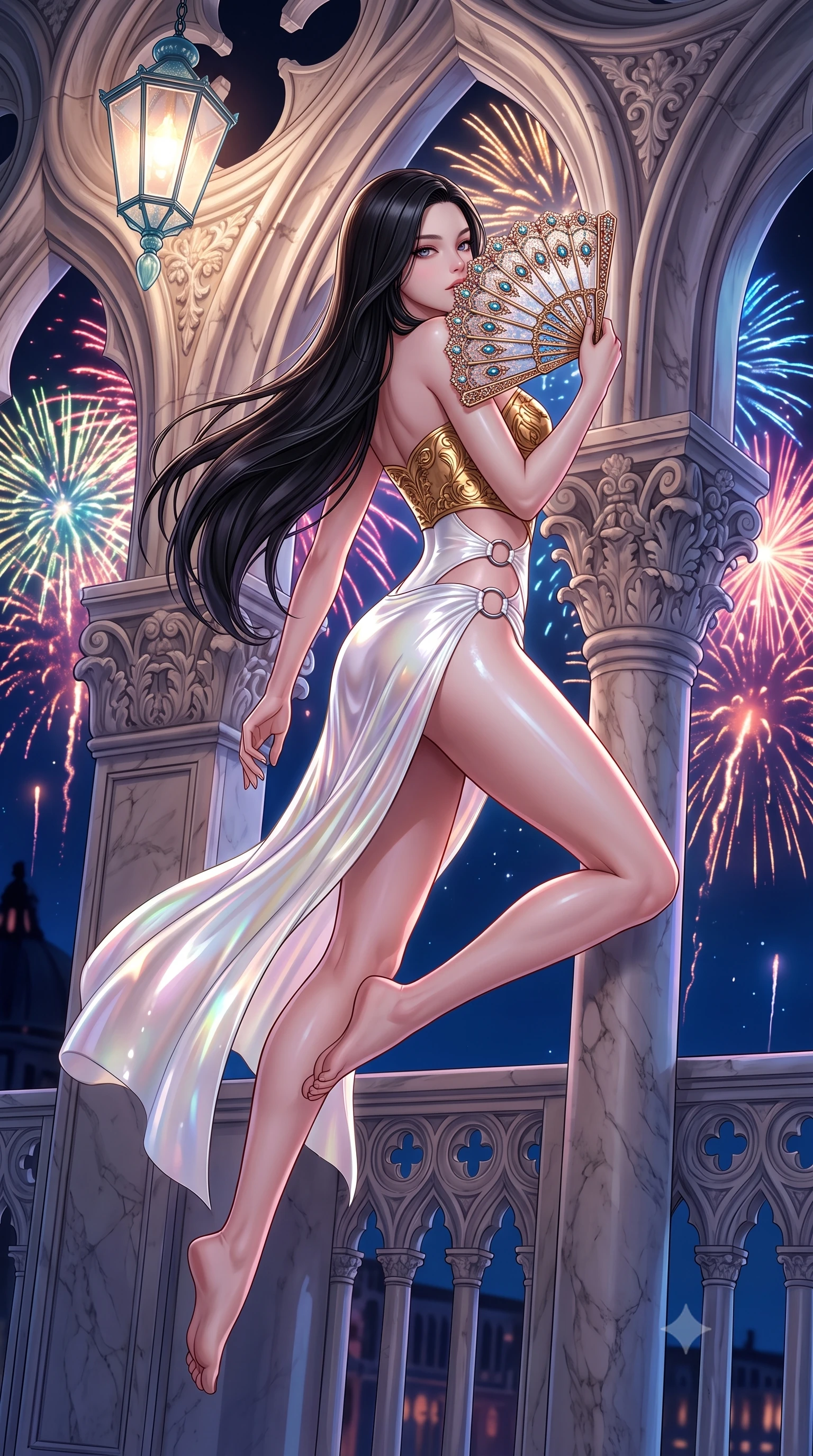 score_9, masterpiece, best quality, ultra-detailed, high-budget anime keyframe, semi-realistic 3D game render, editorial fashion photography, tasteful artistic composition, Korean woman. low angle full-body shot from head to toe showing her feet, filling the entire 9:16 vertical frame with her statuesque presence, stretching her vertical silhouette. leaping through mid-air with an athletic yet alluring arch of her spine, her impossibly long slender legs stretched in flawless poise while leaning against a carved stone palazzo arch with an alluring, bedroom-eyed glance over an ornate carnival fan. The surrounding environment is rendered in vivid detail and crisp panoramic clarity. sharp Murano glass lantern details, marble palazzo Gothic arches, and carnival firework bursts in high clarity. She has an absolutely perfect, statuesque 8.5-heads proportion, an exceptionally tall and slender model-like female figure with impossibly long slender legs, a toned flat midriff, and an ultra-slim waist. sharp v-shaped jawline, high-bridge nose, intricate jewel-like eyes with depth, thick eyelashes, glossy lips with a natural sheen, flawlessly proportioned anatomical accuracy, strict slender model proportions, natural body alignment, perfectly sculpted long slender limbs, ultra-slim waistline, clean dynamic posture without body distortion. wearing a sculpted golden breastplate bodice paired with high-cut white satin briefs and a fluid draped side skirt in glistening liquid pearl white with rainbow opalescence, crafted from ultra-reflective second-skin latex with a high-gloss glass-like polish, detailed with polished silver rings connecting the daring side-waist cutouts, the sleek second-skin cut tightly hugging her graceful clavicle, narrow waist, and feminine curves with athletic precision. illuminated by dramatic firework rim lights sharply defining her ultra-slim waist and long legs. highly saturated vibrant anime colors, detailed shading with soft gradients, rich glossy textures, high-contrast stereoscopic depth, volumetric dynamic lighting, master piece, 9:16 ratio