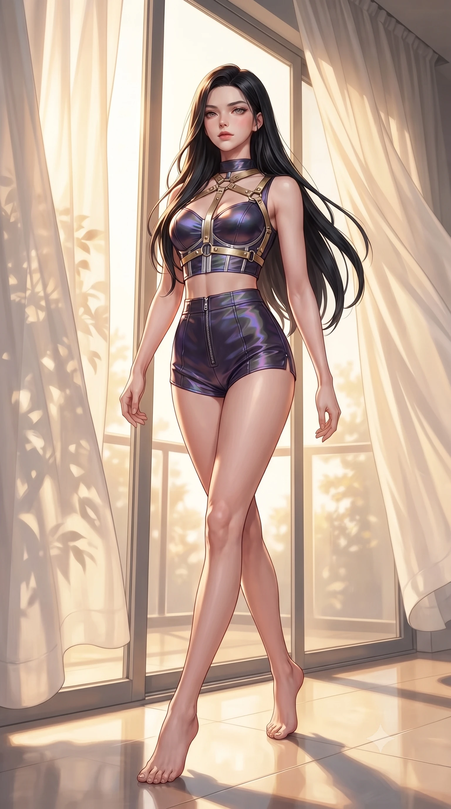 score_9, masterpiece, best quality, ultra-detailed, high-budget anime keyframe, editorial fashion photography, tasteful artistic composition, Korean woman. low angle full-body shot from head to toe showing her feet, filling the entire 9:16 vertical frame with her statuesque presence, stretching her vertical silhouette. navigating the private sanctuary with an effortless, graceful stride, poised beside a floor-to-ceiling glass window framed by billowing ivory curtains, intense volumetric sunbeams filtering through sheer linen casting soft leaf stencil shadows. She has an absolutely perfect, statuesque 8.5-heads proportion, an exceptionally tall and slender model-like female figure with impossibly long slender legs and an ultra-slim waist. sharp v-shaped jawline, high-bridge nose, intricate jewel-like eyes with depth, thick eyelashes, glossy lips with a natural sheen. wearing high-cut micro-shorts and crop top set with dark leather harness in champagne gold, made of iridescent dark violet taffeta, finished with metallic silver boning and sleek zipper points, following her slender form with tailored precision. bathed in warm golden afternoon sunbeams filtering through sheer ivory linen. highly saturated vibrant anime colors, detailed shading with soft gradients, rich glossy textures, high-contrast stereoscopic depth, volumetric dynamic lighting, master piece, 9:16 ratio