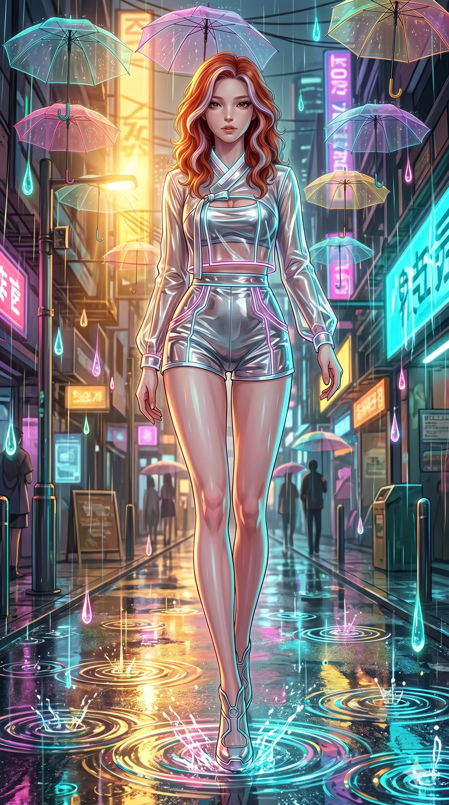 score_9, masterpiece, best quality, ultra-detailed, high-budget anime keyframe, Japanese woman. low angle full-body shot filling the entire 9:16 frame with her statuesque presence, stretching the vertical silhouette. navigating a wet neon-lit future street under colorful floating umbrellas as translucent neon raindrops fall, creating brilliant splash ripples. She has an absolutely perfect 8-heads proportion, an exceptionally tall and slender female figure with impossibly long slender legs and an ultra-slim waist. V-shaped jawline, high-bridge nose, intricate jewel-like eyes with depth, thick eyelashes, glossy lips with a natural sheen.. wearing a vinyl liquid mercury fusion hanbok, featuring a translucent chrome-silver vinyl jeogori and high-waist micro-shorts, detailed with glowing neon wire trims and a tasteful chest slit. showcasing a beautiful play of light and shadow, with warm golden rays clashing against cool cyan highlights. 2k, ultra detail, master piece, 9:16 ratio