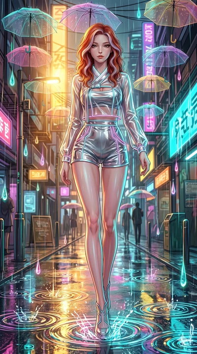 score_9, masterpiece, best quality, ultra-detailed, high-budget anime keyframe, Japanese woman. low angle full-body shot filling the entire 9:16 frame with her statuesque presence, stretching the vertical silhouette. navigating a wet neon-lit future 