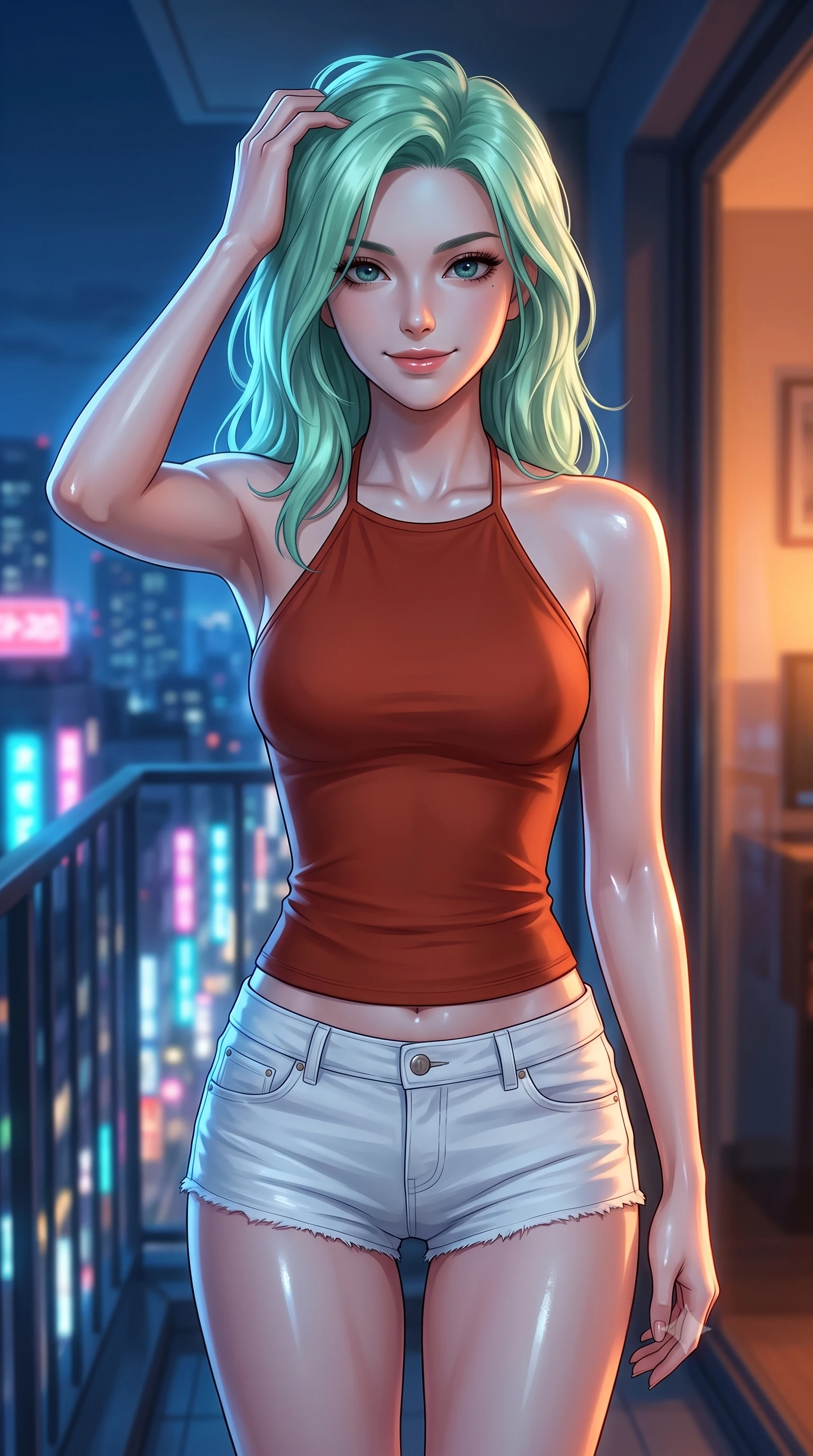 score_9, masterpiece, best quality, ultra-detailed, high-budget anime keyframe, editorial fashion photography, tasteful artistic composition, Japanese woman. close-up cowboy shot from the waist and thighs up, the character dominates the composition, filling the frame with her large presence, background elements kept in soft focus. smiling with quiet, magnetic self-assurance directly into the camera, running a hand through her hair the background shows a soft-focus a quiet high-rise balcony overlooking the neon grid after midnight. She has an exceptionally elegant, slender, and willowy female figure with an ultra-slim waist, a gracefully sculpted slender torso, and a refined silhouette. sharp v-shaped jawline, high-bridge nose, intricate jewel-like eyes with depth, thick eyelashes, glossy lips with a natural sheen. wearing a slim-fit backless halter top in terracotta red, paired with white denim micro-shorts. cool blue ambient twilight light contrasting with a warm orange room light inside. ultra-reflective glossy finish, specular highlights, metallic sheen, high-contrast stereoscopic depth, volumetric dynamic lighting, 2k, ultra detail, master piece, 9:16 ratio