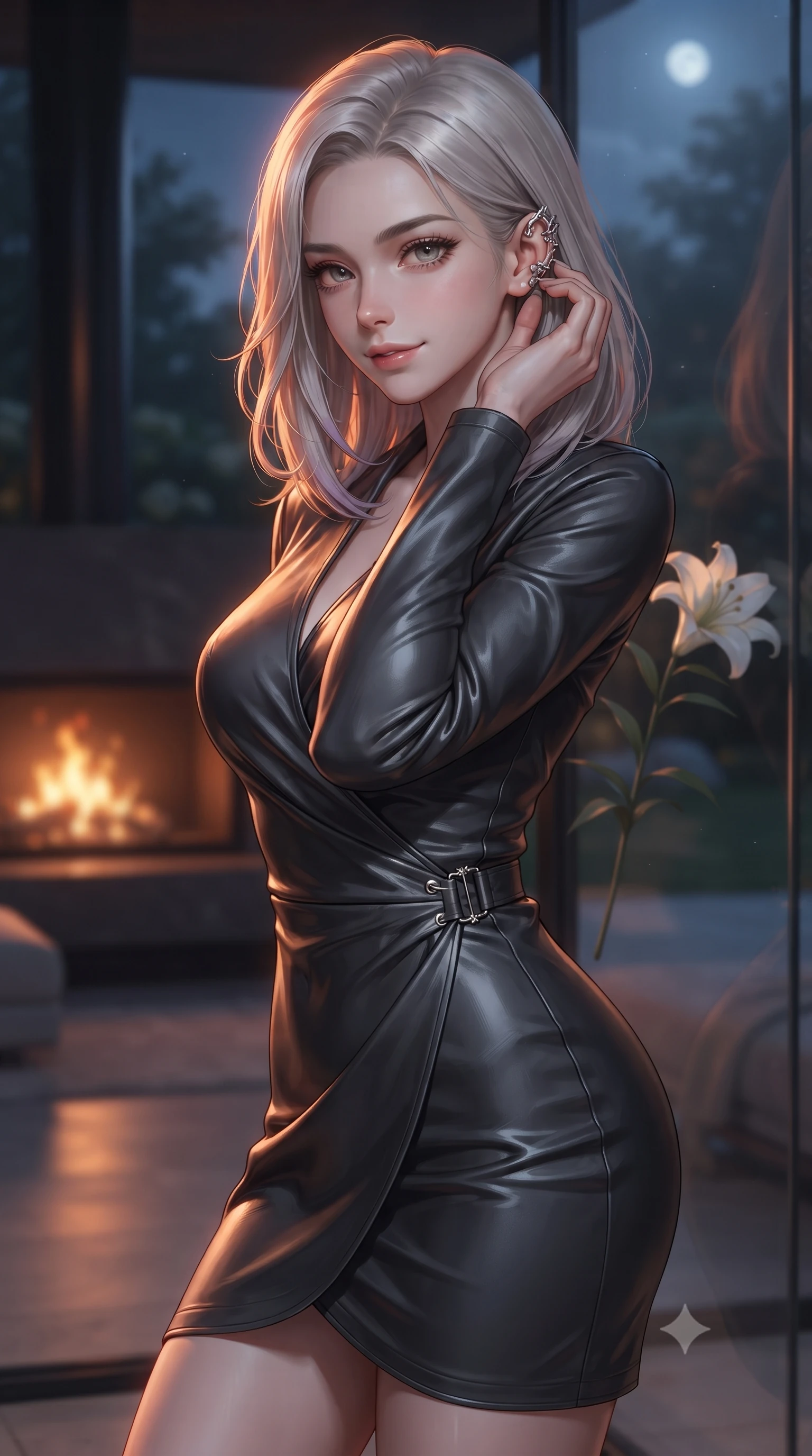 score_9, masterpiece, best quality, ultra-detailed, high-budget anime keyframe, editorial fashion photography, tasteful artistic composition, Caucasian woman. close-up cowboy shot from the waist and thighs up, the character dominates the composition, filling the frame with her large presence, background elements kept in soft focus. adjusting her delicate ear cuff with a captivating half-smile, her profile highlighted by a dramatic rim light set against a soft-focus background of inside an exclusive moonlit garden terrace with a single long-stemmed white lily resting against a polished glass surface. She has an exceptionally elegant, slender, and willowy female figure with an ultra-slim waist, a gracefully sculpted slender torso, and a refined silhouette. sharp v-shaped jawline, high-bridge nose, intricate jewel-like eyes with depth, thick eyelashes, glossy lips with a natural sheen. wearing body-hugging charcoal glossy leather sleek long-sleeve silk wrap dress contouring her ultra-slim waist elegantly accented with delicate silver hardware. bathed in cozy, flickering fireplace light that paints the room in a warm orange wash. ultra-reflective glossy finish, specular highlights, metallic sheen, high-contrast stereoscopic depth, volumetric dynamic lighting, 2k, ultra detail, master piece, 9:16 ratio