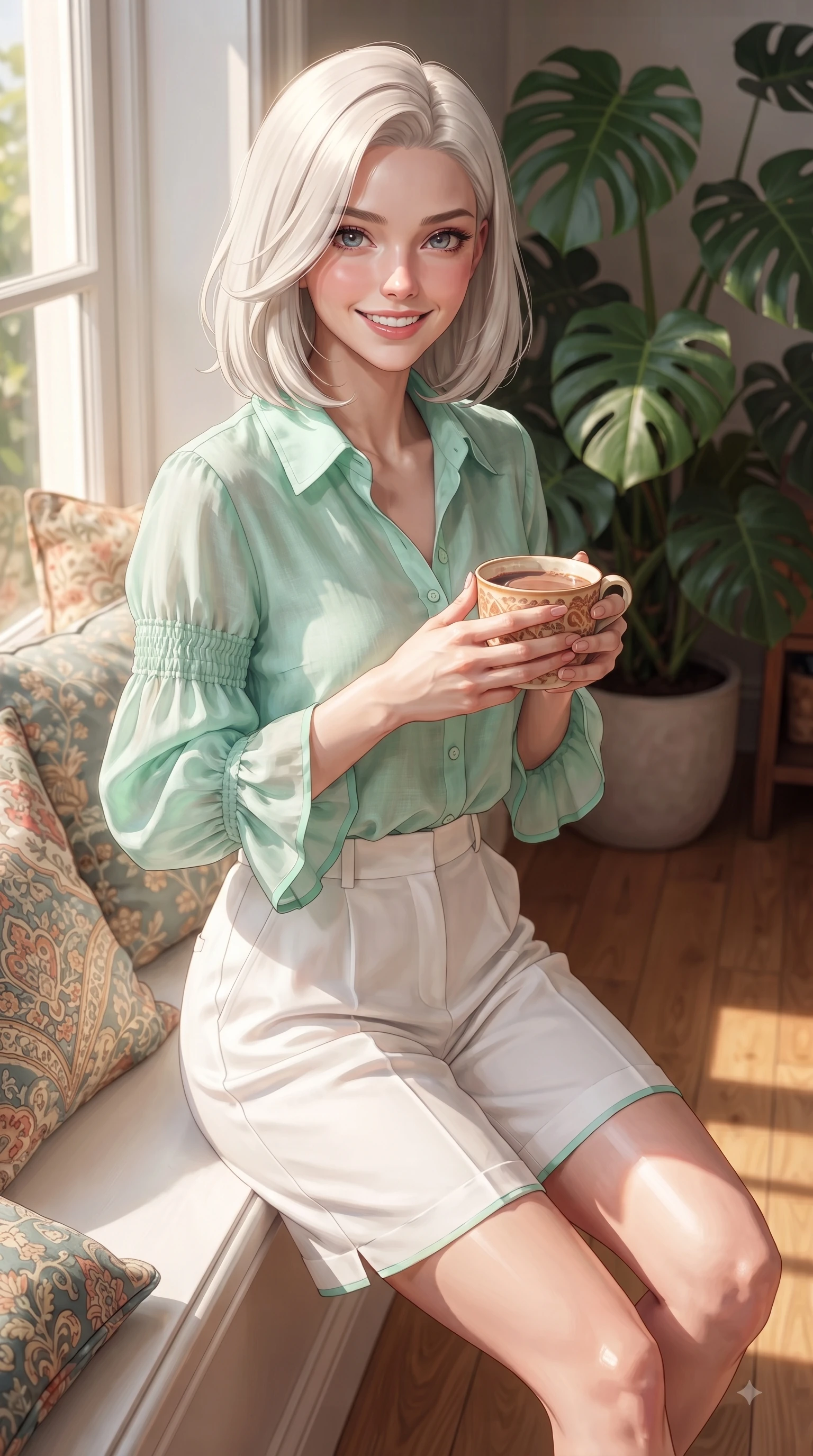 score_9, masterpiece, best quality, ultra-detailed, high-budget anime keyframe, editorial fashion photography, tasteful artistic composition, Caucasian woman. close-up cowboy shot from the waist and thighs up, the character dominates the composition, filling the frame with her large presence. Gazing directly into the camera with a fresh, infectious smile as her torso curves dynamically in mid-stride while sitting near a sun-drenched window sill holding a warm mug of cocoa with a tender, happy expression. The surrounding environment is rendered in vivid detail and crisp panoramic clarity. intricate cushion fabrics, potted Monstera leaves, and warm sunlit hardwood floors in deep focus. She has an exceptionally elegant, slender, and willowy female figure with an ultra-slim waist, a gracefully sculpted slender torso, and a refined silhouette. sharp v-shaped jawline, high-bridge nose, intricate jewel-like eyes with depth, thick eyelashes, glossy lips with a natural sheen, flawlessly proportioned anatomical accuracy, natural body alignment, perfectly sculpted elegant limbs, clean dynamic posture without body distortion. wearing a fresh mint green linen button-down shirt paired with tailored white Bermuda shorts in refreshing mint green and crisp white, made of fine lightweight chiffon that flutters gently in the breeze, accented with soft smocked details and fluttery cuffs, the soft airy drape swaying gracefully with her dynamic movements. surrounded by a peaceful, intimate, and relaxing home atmosphere. ultra-reflective glossy finish, specular highlights, metallic sheen, high-contrast stereoscopic depth, volumetric dynamic lighting, 2k, ultra detail, master piece, 9:16 ratio