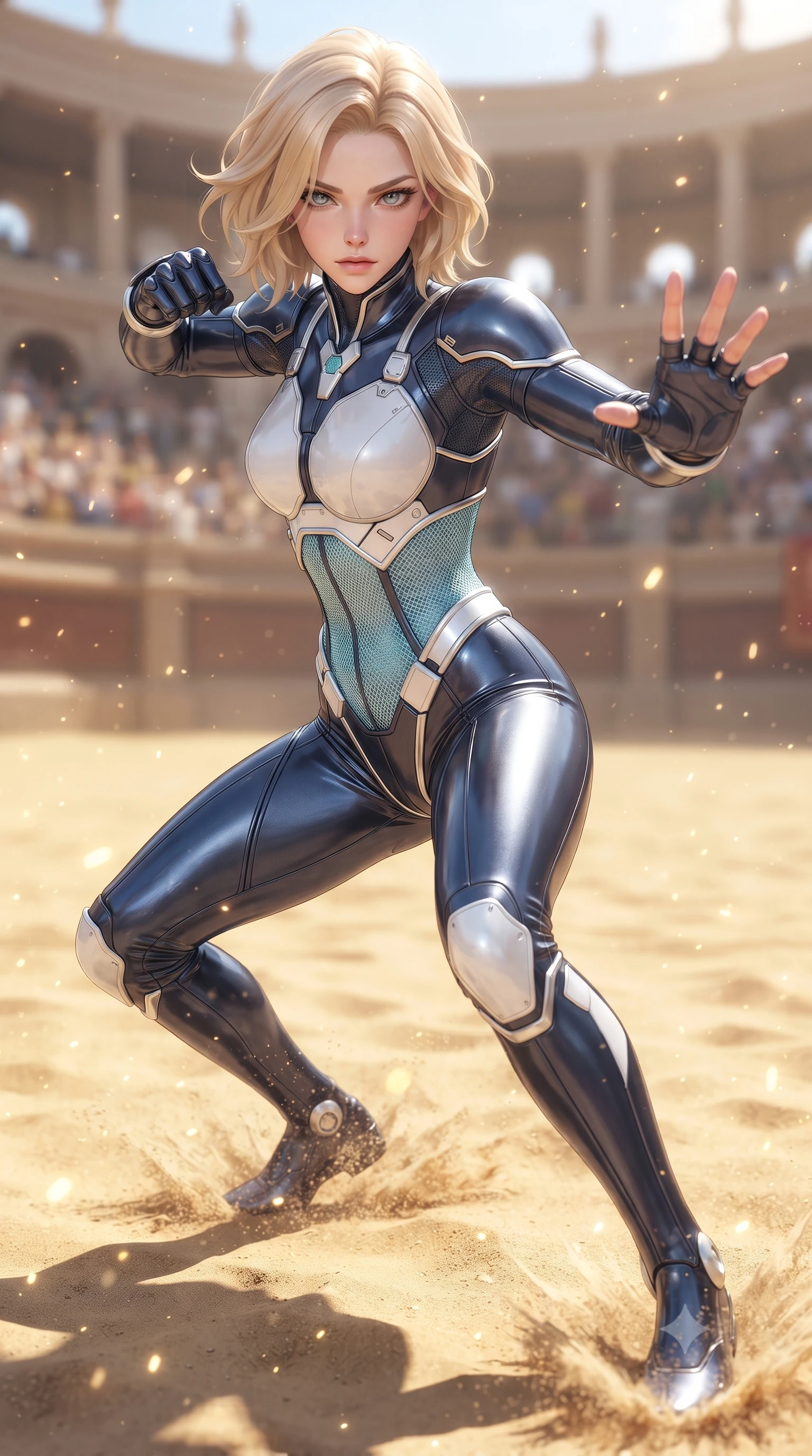 score_9, masterpiece, best quality, ultra-detailed, high-budget anime keyframe, editorial fashion photography, tasteful artistic composition, Caucasian woman. close-up cowboy shot from the waist and thighs up, the character dominates the composition, filling the frame with her large presence. in a razor-sharp Panzer Kunst fighting guard, one hand extended with palm open in fluid kinetic tension, captivating jewel-like eyes locked onto the viewer with dangerous focus while pivoting dynamically as her heel strikes the arena ground, sending a shockwave ripple through the sunlit golden sand. The composition keeps background elements in soft focus with creamy bokeh. sparkling sunlit sand grains scattering bright specular light motes across a grand stadium backdrop. She has an exceptionally elegant, slender, and willowy female figure with an ultra-slim waist, a gracefully sculpted slender torso, toned flat midriff, and a refined slim silhouette. sharp v-shaped jawline, high-bridge nose, intricate jewel-like eyes with depth, thick eyelashes, glossy lips with a natural sheen, flawlessly proportioned anatomical accuracy, strict slender model proportions, natural body alignment, perfectly sculpted long slender limbs, ultra-slim waistline, clean dynamic posture without body distortion. wearing a statuesque midnight cobalt carbon-fiber battle-suit with platinum trim, reinforced kinetic palm plates, and an ultra-slim waistline in glacial ice-cyan carbon mesh with pure white armor plates, crafted from ultra-strong woven carbon-fiber composite with a satin luster, finished with high-mobility flexible limb seams and miniature magnetic armor locks, the liquid-tight tailored fabric emphasizing every curve of her tall, slender model proportions and sculptured silhouette during dynamic movement. surrounded by a glorious, invincible, and fiercely captivating cyber-gladiator empress aura. ultra-reflective glossy finish, specular highlights, dark metallic sheen, high-contrast stereoscopic depth, volumetric dynamic lighting, 2k, ultra detail, master piece, 9:16 ratio