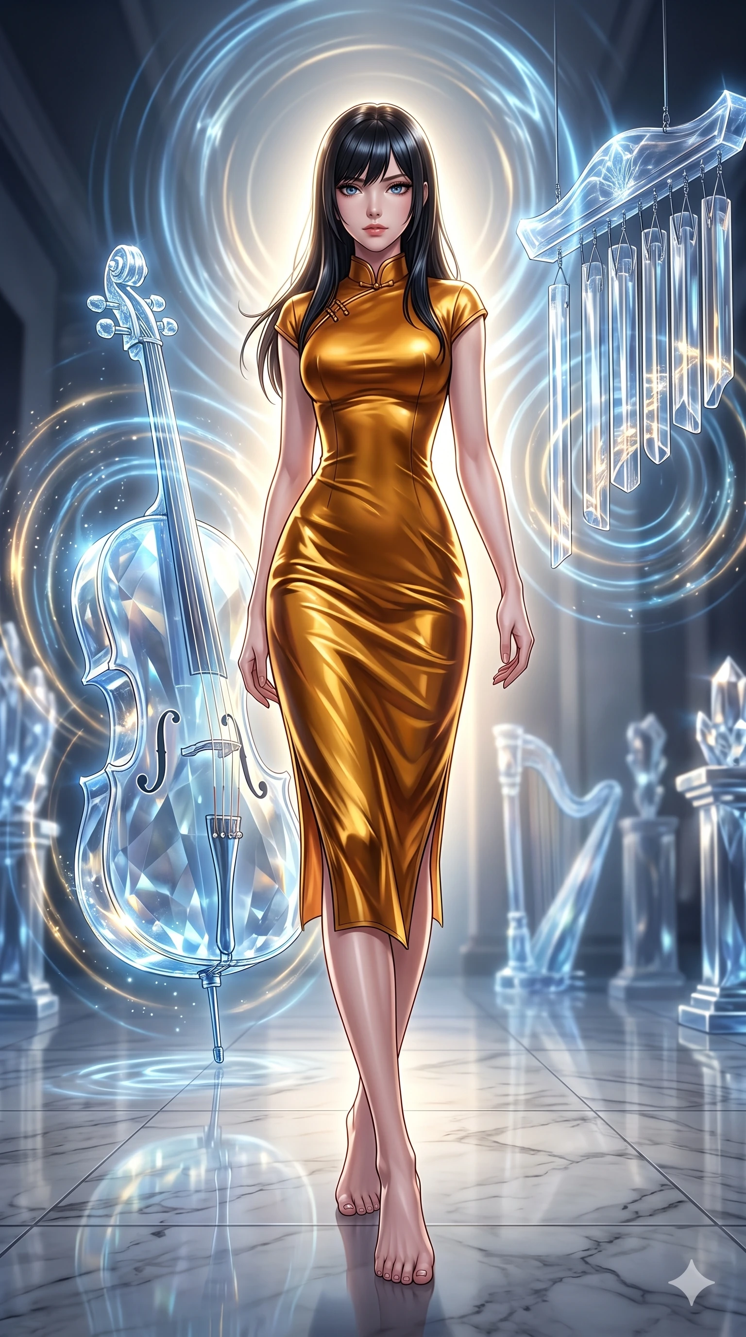 score_9, masterpiece, best quality, ultra-detailed, high-budget anime keyframe, editorial fashion photography, tasteful artistic composition, Caucasian woman, strictly human ears. low angle full-body shot from head to toe showing her feet, filling the entire 9:16 vertical frame with her statuesque presence, stretching her vertical silhouette. stepping elegantly through a gallery of enormous crystal glass instruments that play themselves by resonating with invisible energy sending visible concentric sound ripples expanding through the air like rings on water. She has a statuesque 8.5-heads proportion, an exceptionally tall, slender and willowy model-like build with impossibly long legs and a highly sculpted ultra-slim waist. sharp v-shaped jawline, high-bridge nose, intricate jewel-like eyes with depth, thick eyelashes, glossy lips with a natural sheen. wearing a form-contouring qipao-inspired midi dress in liquid amber silk with a mandarin collar, the heavy fabric catching gold reflections along her curves. dramatic backlight creating a radiant halo effect around her entire silhouette. 2k, ultra detail, master piece, 9:16 ratio