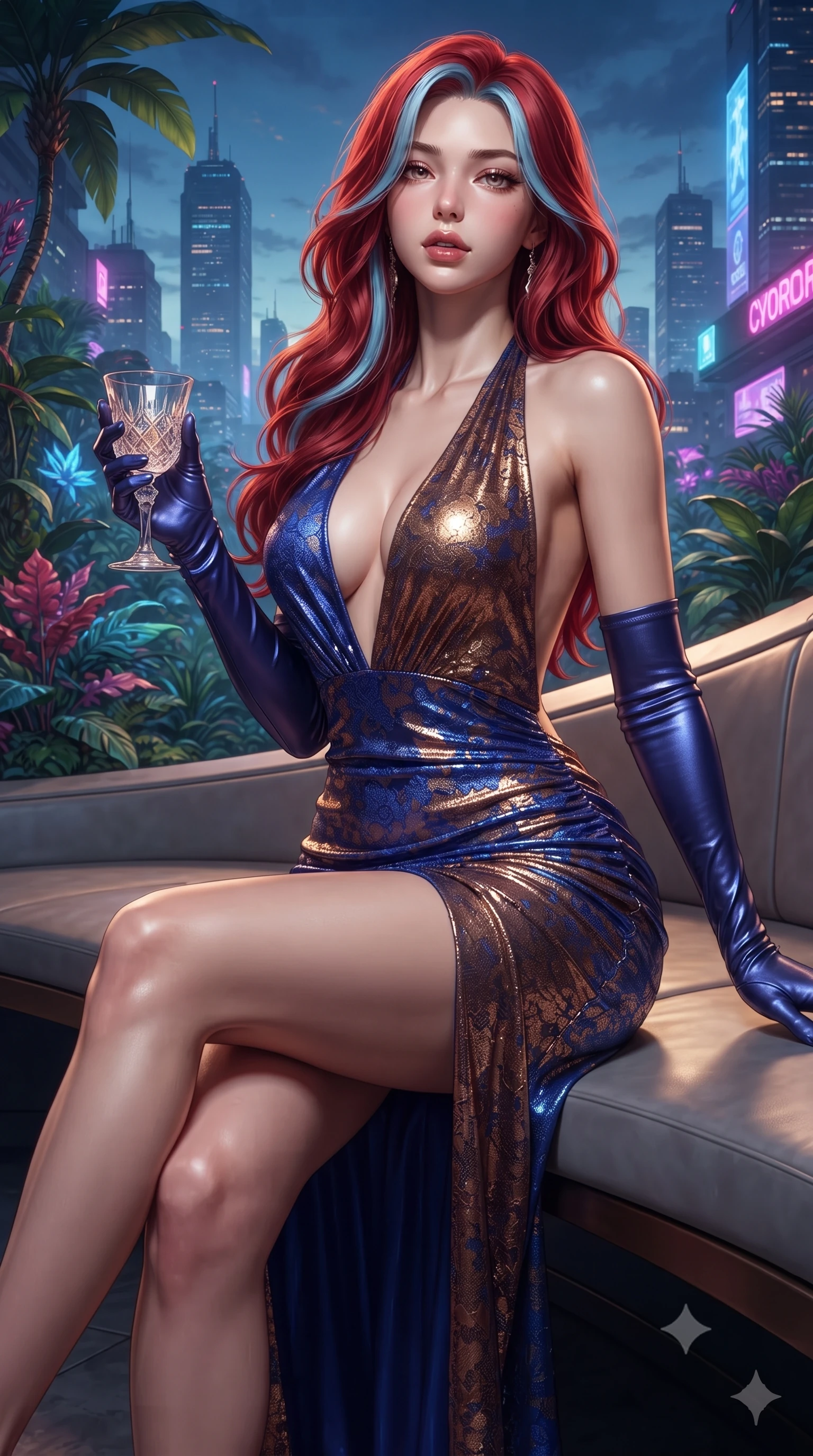 score_9, masterpiece, best quality, ultra-detailed, high-budget anime keyframe, editorial fashion photography, tasteful artistic composition, Caucasian woman. close-up cowboy shot from the waist and thighs up, the character dominates the composition, filling the frame with her large presence. leaning back with relaxed seductive grace, her sculpted collarbones and narrow waist highlighted as she casts smoldering bedroom-eyes directly into the camera while perching on the curved architectural skyway bench, long slender legs crossed and torso angled back to display her flat midriff and slender hourglass curves. The surrounding environment is rendered in vivid detail and crisp panoramic clarity. vibrant high-contrast cyberpunk botanical chiaroscuro and cutting-edge tropical metropolis aesthetics in precision. She has an exceptionally elegant, slender, and willowy female figure with an ultra-slim waist, flat toned midriff, narrow ribcage, and sculpted feminine hips creating an alluring, slim hourglass silhouette without bulk. sharp v-shaped jawline, high-bridge nose, intricate jewel-like eyes with depth, thick eyelashes, glossy parted lips with a natural sheen, intensely captivating and seductive bedroom-eyes expression, flawlessly proportioned anatomical accuracy, strict slender model proportions, natural body alignment, perfectly sculpted long slender limbs, ultra-slim waistline, clean dynamic posture without body distortion. wearing a plunging halter-neck metallic lamé column dress with a dramatic bare spine and hip-defining ruching in royal sapphire blue and liquid bronze, formed from shimmering floral lace over smooth opaque silk lining, accessorized with opera-length satin gloves and a vintage crystal glass, the form-contouring material adhering flawlessly to her sculpted flat midriff and slender torso, emphasizing her long leg lines and perfectly proportioned willowy build. illuminated by wet specular glass bounce lights sculpting her toned waistline, slender spine, and feminine hips. ultra-reflective glossy finish, specular highlights, rich textural contrasts, high-contrast stereoscopic depth, volumetric dynamic lighting, 2k, ultra detail, master piece, 9:16 ratio