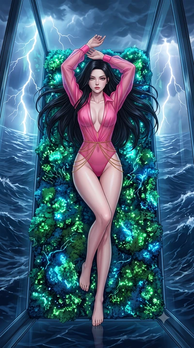 score_9, masterpiece, best quality, ultra-detailed, High-budget Anime Keyframe, East Asian woman. Dynamic full-body shot stretching the vertical silhouette to the limit. Scenario 460: lying gracefully on a bed of bioluminescent moss inside a floating