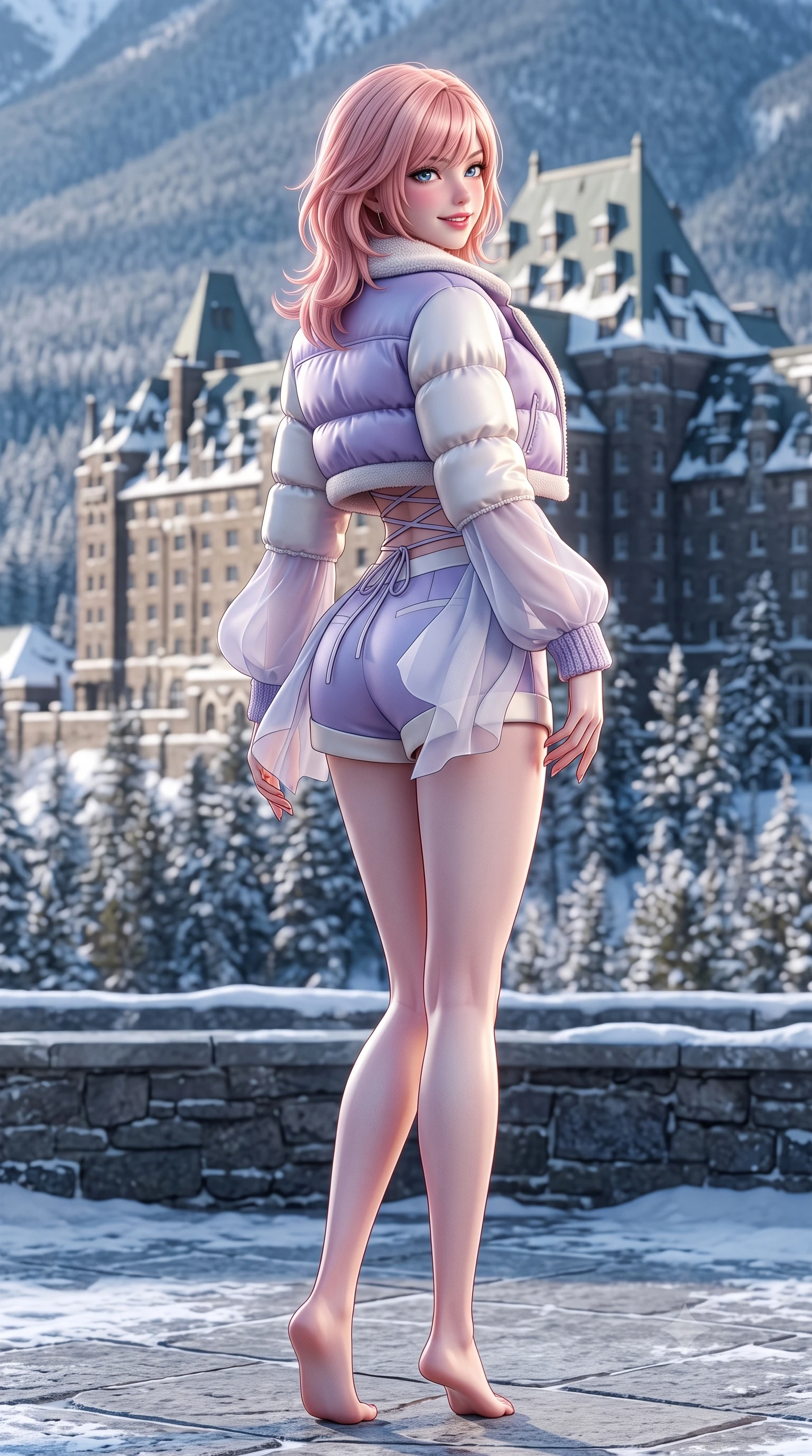 score_9, masterpiece, best quality, ultra-detailed, high-budget anime keyframe, semi-realistic 3D game render, editorial fashion photography, tasteful artistic composition, Japanese woman. low angle full-body shot from head to toe showing her feet, filling the entire 9:16 vertical frame with her statuesque presence, stretching her vertical silhouette. posing with back turned slightly to the lens, glancing back with an enchanting, playful smile as she arches her lower back to emphasize her sculpted feminine hips and slender waist while twisting her slender torso in an alluring contrapposto stance, mountain breezes fluttering her luxurious knitwear around her slender legs and hips. The surrounding environment is rendered in vivid detail and crisp panoramic clarity. detailed wool knit texture, sunburst highlights on hair, and iconic castle-hotel architecture in razor-sharp precision. She has an exceptionally tall and slender model-like 8.5-heads proportion, an ultra-slim waist, a flat toned midriff, narrow delicate ribcage, and beautifully sculpted feminine hips creating a graceful, slim hourglass silhouette without any bulky heaviness, with impossibly long slender legs. sharp v-shaped jawline, high-bridge nose, sparkling ice-crystal eyes with depth, frosty thick lashes, glossy parted lips with a rosy berry sheen, bright playful smile with an intoxicating seductive glint, rosy flushed cheeks radiating cozy warmth and dangerous allure, flawlessly proportioned anatomical accuracy, strict slender model proportions, natural body alignment, perfectly sculpted long slender limbs, ultra-slim waistline, clean dynamic posture without body distortion. wearing a cropped shearling-lined puffer jacket worn over a tight plunge camisole and tailored hot-pants in frosty lilac violet and pearlescent ivory, woven from layered gossamer chiffon with ethereal weightless flutter, finished with criss-cross back satin laces tracing her slender spine, the high-waisted tailoring accentuating her ultra-slim waistline and the enchanting curve of her feminine hips with alluring winter charm. illuminated by ice sheet bounce fill and sharp icy-gold rim lighting defining her sculpted collarbones, ultra-slim waist, and curvy hips. highly saturated vibrant anime colors, detailed shading with soft gradients, rich glossy textures, high-contrast stereoscopic depth, volumetric dynamic lighting, master piece, 9:16 ratio