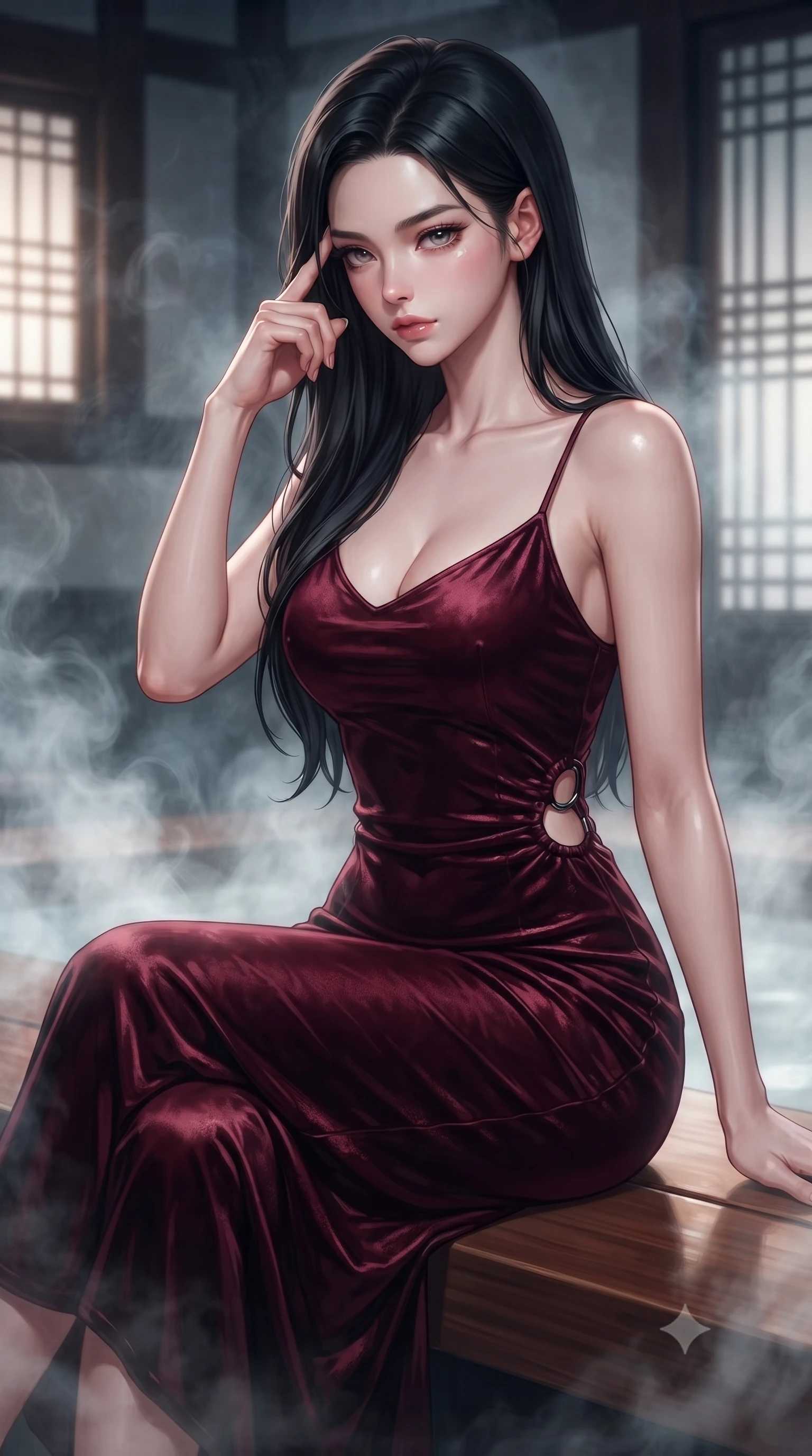 score_9, masterpiece, best quality, ultra-detailed, high-budget anime keyframe, editorial fashion photography, tasteful artistic composition, Korean woman. close-up cowboy shot from the waist and thighs up, the character dominates the composition, filling the frame with her large presence, background elements kept in soft focus. Pressing two fingers to her temple in a composed, sharp thoughtful gesture, poised on a polished cedar bench as soft ambient steam swirls gracefully around her, high-fashion editorial serenity with magnetic sensual allure. She has an exceptionally elegant, slender, and willowy female figure with an ultra-slim waist, a gracefully sculpted slender torso, and a refined silhouette. sharp v-shaped jawline, high-bridge nose, intricate jewel-like eyes with depth, thick eyelashes, glossy lips with a natural sheen. wearing form-contouring dark crimson liquid silk long slip dress in pearl white, made of crushed dark silk velvet, trimmed with dark chrome ring hardware along the waist contours, contouring every curve with an exceptionally elegant silhouette. surrounded by a moody, intimate glow with sharp specular skin highlights. highly saturated vibrant anime colors, detailed shading with soft gradients, rich glossy textures, high-contrast stereoscopic depth, volumetric dynamic lighting, master piece, 9:16 ratio