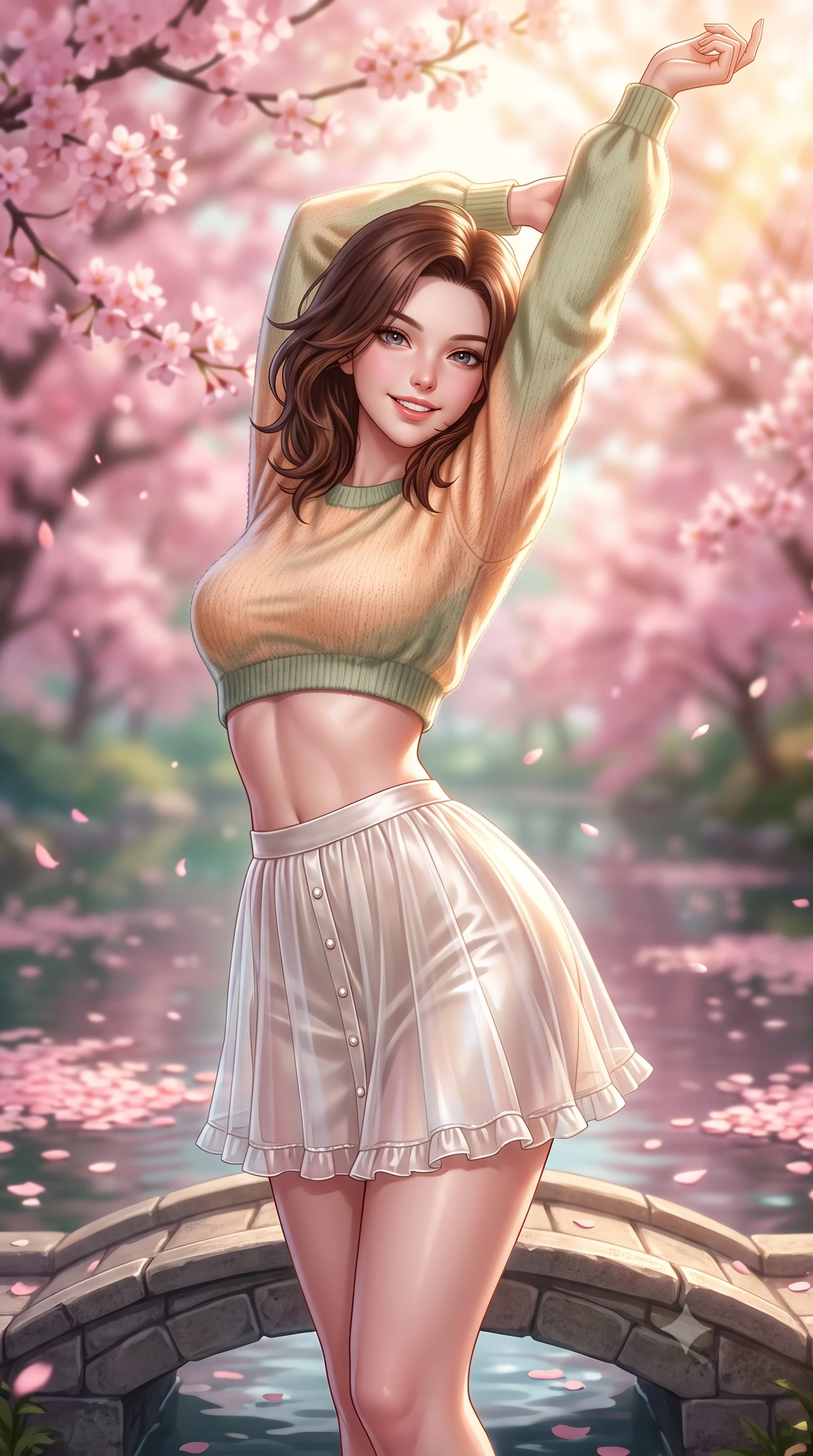 score_9, masterpiece, best quality, ultra-detailed, high-budget anime keyframe, semi-realistic 3D game render, editorial fashion photography, tasteful artistic composition, Korean woman. close-up cowboy shot from the waist and thighs up, the character dominates the composition, filling the frame with her large presence. playfully stretching one arm overhead toward the sun, her radiant smile capturing fresh girlhood charm while her arched torso reveals an intoxicating hip contour while standing poised on a small arched stone footbridge, twisting her slender torso in an alluring contrapposto stance as pink petals drift on water. The composition keeps background elements in soft focus with dreamy creamy bokeh. swirling pink sakura cherry blossom canopies and floating petal rafts on water blurred into soft rose-pink, jade, and golden sunbeam bokeh. She has an exceptionally elegant, slender, and willowy female figure with an ultra-slim waist, flat toned midriff, narrow ribcage, and sculpted feminine hips creating an alluring, slim hourglass silhouette without bulk. sharp v-shaped jawline, high-bridge nose, intricate jewel-like sparkling eyes with depth, thick eyelashes, glossy parted lips with a natural peach sheen, bright cheerful beaming smile with an enchanting and coquettish sensual glint, exuding both youthful cute charm and seductive allure, flawlessly proportioned anatomical accuracy, strict slender model proportions, natural body alignment, perfectly sculpted long slender limbs, ultra-slim waistline, clean dynamic posture without body distortion. wearing a soft angora crop knit sweater with a sheer pleated organza mini skirt over an opaque silk slip in soft apricot and sage green, made of smooth fluid silk satin with a delicate pearlescent sheen, finished with subtle ruffle trims and delicate pearl buttons, the liquid-tight tailored fabric clinging flawlessly to her narrow waist and rounded feminine hips, emphasizing every millimeter of her sculpted slim hourglass curves without any bulky heaviness. illuminated by calm water reflections sharply sculpting her sculpted cheekbones, ultra-slim waist, and curvy hips. highly saturated vibrant anime colors, detailed shading with soft gradients, rich glossy textures, high-contrast stereoscopic depth, volumetric dynamic lighting, master piece, 9:16 ratio