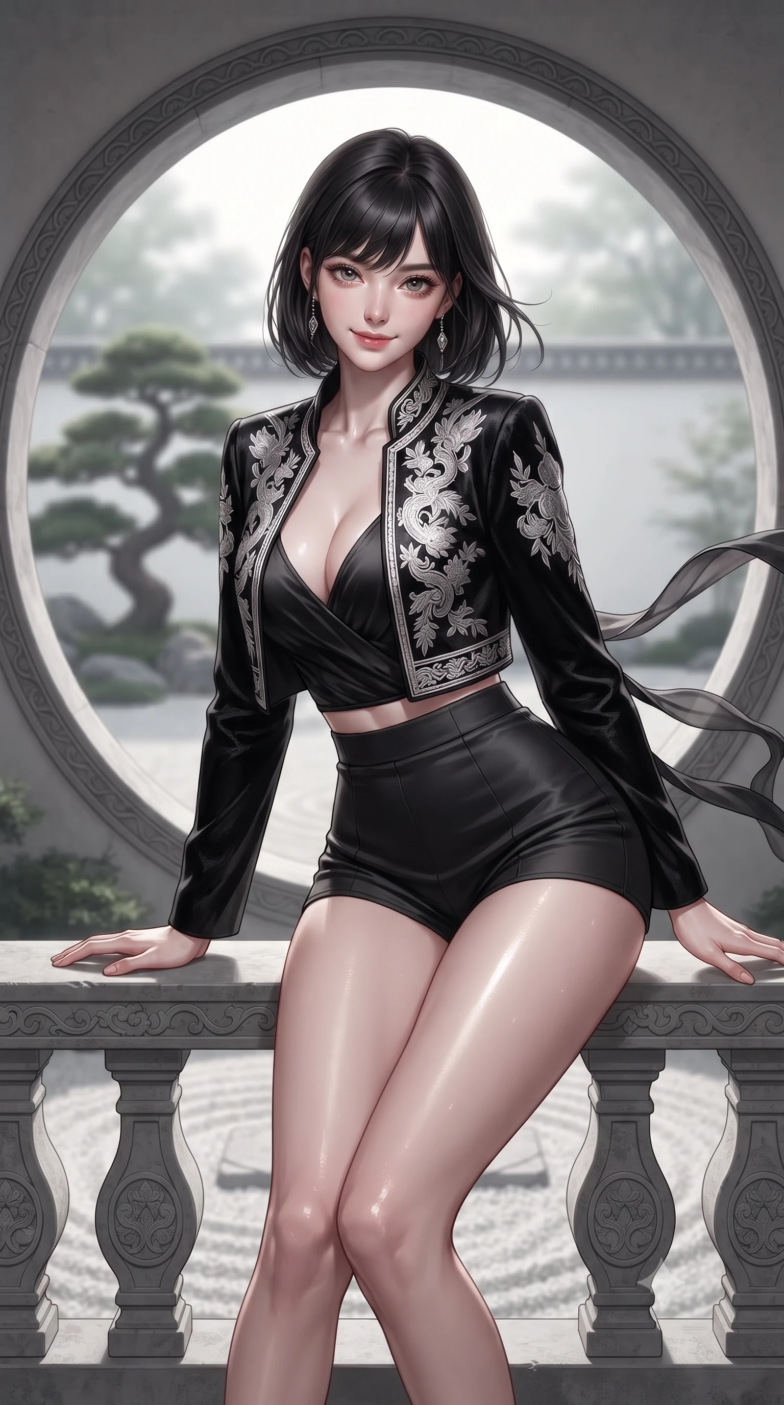 score_9, masterpiece, best quality, ultra-detailed, high-budget anime keyframe, editorial fashion photography, tasteful artistic composition, Korean woman. close-up cowboy shot from the waist and thighs up, the character dominates the composition, filling the frame with her large presence. leaning forward over the carved veranda balustrade while arching her lower back to accentuate her curvy hips, looking into the camera with an enchanting coquettish smile and bedroom-eyes while sitting gracefully in the center of a large circular moon-gate stone opening, arching her lower back in an iconic silhouette against the garden. The background shows a soft-focus a single sculpted Japanese black pine silhouette softened in contemplative minimalist Zen shallow focus. She has an exceptionally elegant, slender, and willowy female figure with an ultra-slim waist, flat toned midriff, narrow ribcage, and sculpted feminine hips creating an alluring, slim hourglass silhouette without bulk. sharp v-shaped jawline, high-bridge nose, intricate jewel-like dark sparkling almond eyes with depth, thick lashes, glossy parted lips with a natural rose-plum sheen, bright alluring and coquettish smile with bedroom-eyes, exuding both timeless oriental elegance and sovereign high-fashion allure, flawlessly proportioned anatomical accuracy, strict slender model proportions, natural body alignment, perfectly sculpted long slender limbs, ultra-slim waistline, clean dynamic posture without body distortion. wearing a cropped embroidered silk jacket worn over a plunging camisole top and tailored high-waisted hot-pants in stark monochrome black and white ink contrast, crafted from sumptuous crushed winter velvet with deep light-absorbing plushness, accented with flowing gossamer silk ribbons that flutter dynamically in the evening breeze, the glove-like silhouette tightly following the natural contour of her hips and long slender legs with youthful 8.5-heads elegance. illuminated by white gravel bounce fill and sharp crystalline platinum rim lighting sculpting her razor-sharp jawline, narrow waist, and curvy hips. ultra-reflective glossy finish, specular highlights, rich textural contrasts, high-contrast stereoscopic depth, volumetric dynamic lighting, 2k, ultra detail, master piece, 9:16 ratio