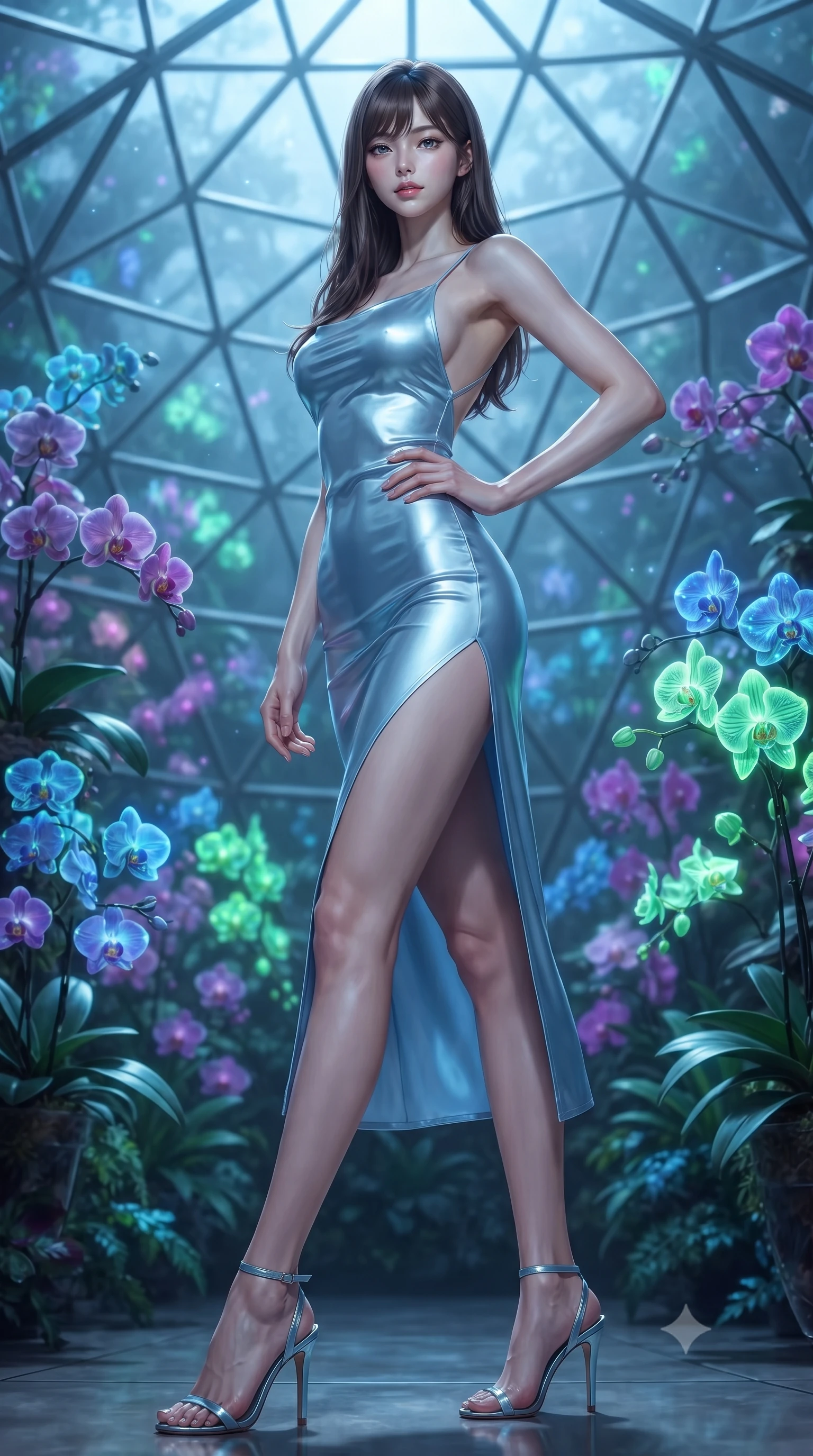 score_9, masterpiece, best quality, ultra-detailed, high-budget anime keyframe, editorial fashion photography, tasteful artistic composition, Korean woman. low angle full-body shot from head to toe showing her feet, filling the entire 9:16 vertical frame with her statuesque presence, stretching her vertical silhouette. posing confidently with one hand on her hip, stretching her statuesque body to emphasize her curves the background shows a soft-focus a geodesic glass greenhouse dome filled with glowing bioluminescent tropical orchids. She has an absolutely perfect, statuesque 8.5-heads proportion, an exceptionally tall and slender model-like female figure with impossibly long slender legs and an ultra-slim waist. sharp v-shaped jawline, high-bridge nose, intricate jewel-like eyes with depth, thick eyelashes, glossy lips with a natural sheen. wearing a slim-fit lightweight silk slip dress in baby blue with a high side slit and a low-cut back. cool ambient moonlight filtering through glass ceiling panels. ultra-reflective glossy finish, specular highlights, metallic sheen, high-contrast stereoscopic depth, volumetric dynamic lighting, 2k, ultra detail, master piece, 9:16 ratio