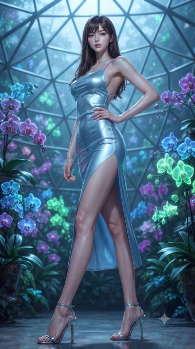 score_9, masterpiece, best quality, ultra-detailed, high-budget anime keyframe, editorial fashion photography, tasteful artistic composition, Korean woman. low angle full-body shot from head to toe showing her feet, filling the entire 9:16 vertical f