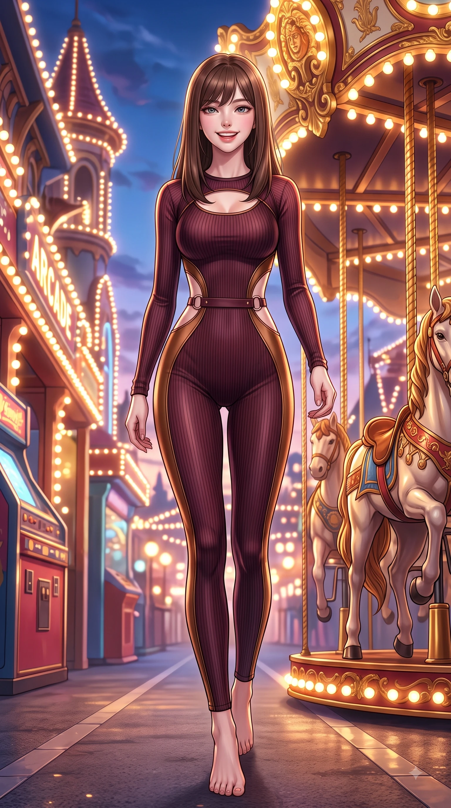 score_9, masterpiece, best quality, ultra-detailed, high-budget anime keyframe, editorial fashion photography, tasteful artistic composition, Korean woman. low angle full-body shot from head to toe showing her feet, filling the entire 9:16 vertical frame with her statuesque presence, stretching her vertical silhouette. forging dynamically through the scene with a happy infectious smile, her ultra-slim waist creating a sweeping curve while stepping happily down a lit amusement park avenue surrounded by glowing light bulbs, ornate carved carousel horses with gold-leaf trim reflecting bright amber highlights. She has an absolutely perfect, statuesque 8.5-heads proportion, an exceptionally tall and slender model-like female figure with impossibly long slender legs and an ultra-slim waist. sharp v-shaped jawline, high-bridge nose, intricate jewel-like eyes with depth, thick eyelashes, glossy lips with a natural sheen, flawlessly proportioned anatomical accuracy, natural body alignment, perfectly sculpted elegant limbs, clean dynamic posture without body distortion. wearing a form-fitting ribbed activewear set with elegant collar cutouts in deep burgundy and bronze, made of fine carbon-fiber weave and soft matte leather, accented with delicate chrome ring hardware framing her waist, the form-contouring material highlighting her ultra-slim waist and long lines. surrounded by a bright, magical theme park ambiance with rich specular glow. highly saturated vibrant anime colors, detailed shading with soft gradients, rich glossy textures, high-contrast stereoscopic depth, volumetric dynamic lighting, master piece, 9:16 ratio