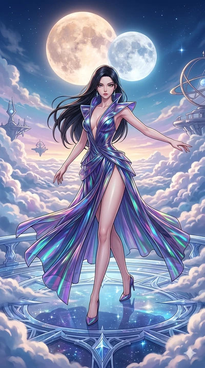 score_9, masterpiece, best quality, ultra-detailed, high-budget anime movie keyframe, cinematic anime lighting, intricate line art, Korean woman. Dynamic full-body shot stretching the vertical silhouette across the 9:16 frame. navigating a sea of clo