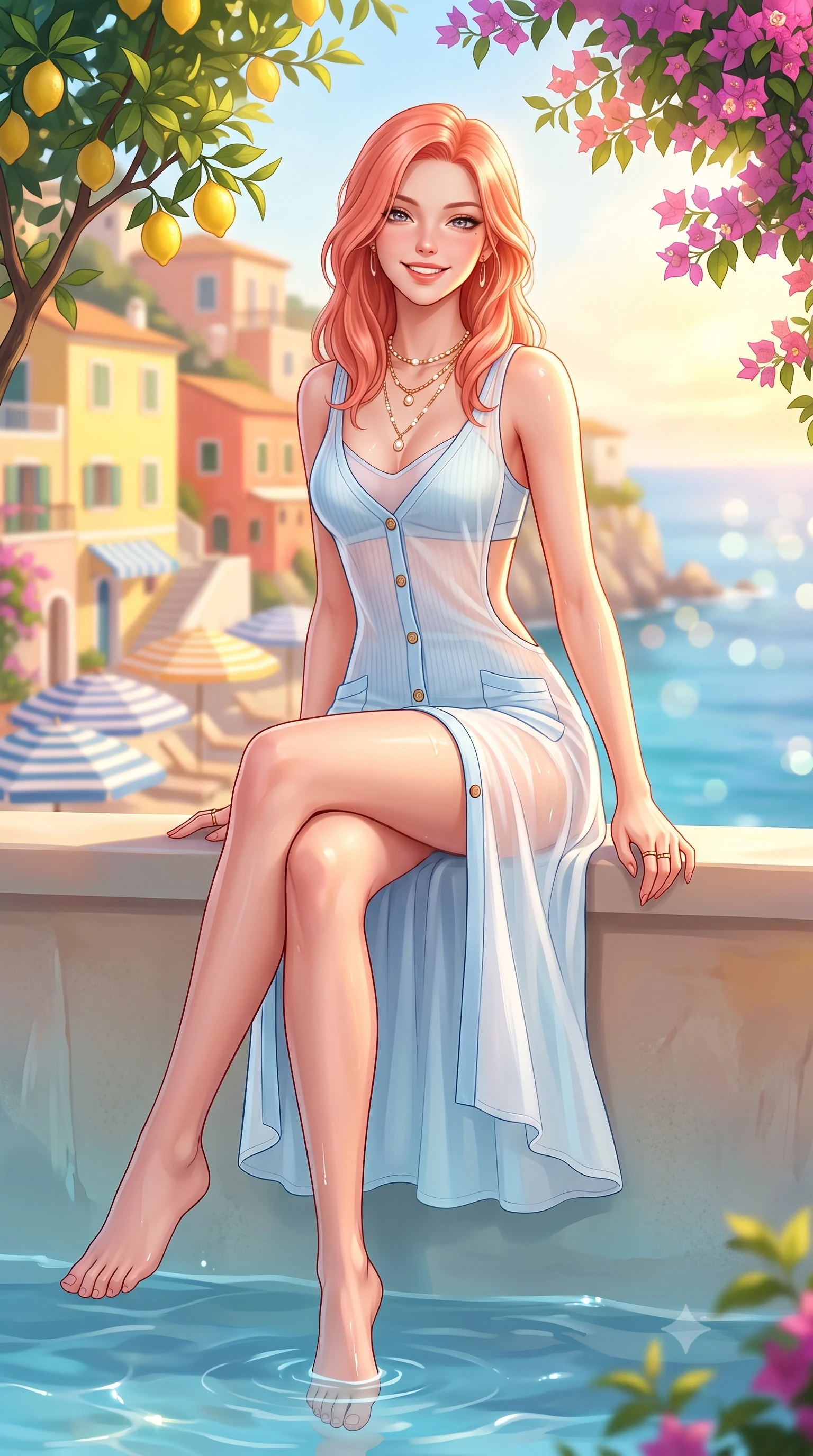 score_9, masterpiece, best quality, ultra-detailed, high-budget anime keyframe, semi-realistic 3D game render, editorial fashion photography, tasteful artistic composition, Japanese woman. low angle full-body shot from head to toe showing her feet, filling the entire 9:16 vertical frame with her statuesque presence, stretching her vertical silhouette. sitting perched on the elevated edge with legs crossed and hips angled toward the camera, displaying her toned midriff and long slender limbs with a joyful, coquettish smile while sitting on the edge of a cliffside mineral plunge pool shaded by fragrant lemon trees, arching her back with a radiant cute smile and wet hips. The composition keeps background elements in soft focus with dreamy creamy bokeh. cascading pastel yellow and coral cliffside villas, striped beach umbrellas, and azure sea blurred into lemon-yellow, peach, and sapphire bokeh. She has an exceptionally tall and slender model-like 8.5-heads proportion, an ultra-slim waist, a flat toned midriff, narrow delicate ribcage, and beautifully sculpted feminine hips creating a graceful, slim hourglass silhouette without any bulky heaviness, with impossibly long slender legs. sharp v-shaped jawline, high-bridge nose, intricate jewel-like sparkling eyes with depth, thick eyelashes, glossy parted lips with a natural peach sheen, bright cheerful beaming smile with an enchanting and coquettish sensual glint, exuding both youthful cute charm and seductive allure, flawlessly proportioned anatomical accuracy, strict slender model proportions, natural body alignment, perfectly sculpted long slender limbs, ultra-slim waistline, clean dynamic posture without body distortion. wearing a delicate semi-sheer chiffon sun-slip dress layered over a matching pastel bralette, hugging her slender waist and hips in soft baby blue and crisp cloud white, formed from supple second-skin stretch ribbed knit clinging to her form, finished with neat front wooden buttons and delicate pocket details, the precision-cut side openings and low-back scoop framing her graceful spine and the sensual sweep of her slim, toned hips. bathed in glorious golden hour Mediterranean sunset backlighting reflecting off pastel cliffside houses. highly saturated vibrant anime colors, detailed shading with soft gradients, rich glossy textures, high-contrast stereoscopic depth, volumetric dynamic lighting, master piece, 9:16 ratio
