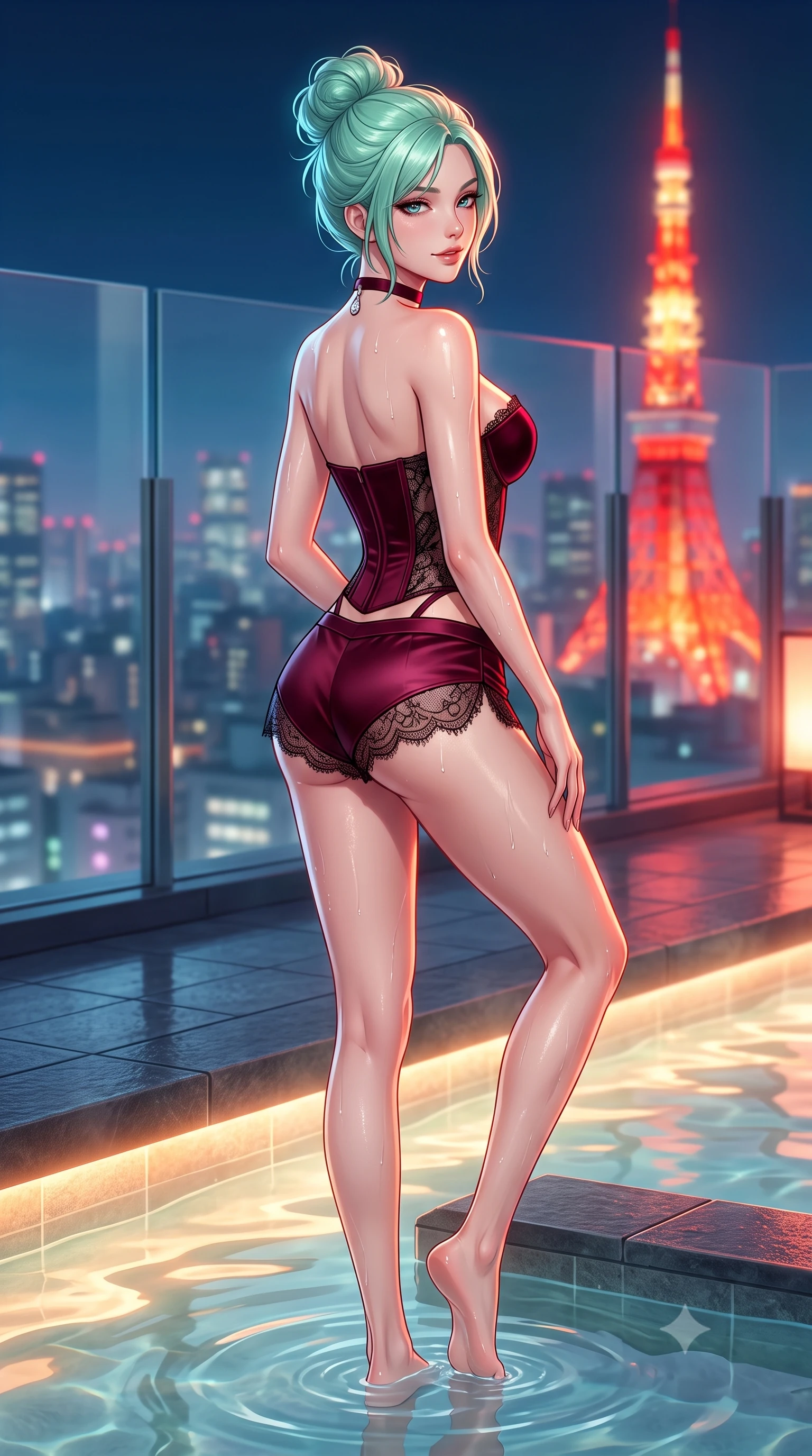 score_9, masterpiece, best quality, ultra-detailed, high-budget anime keyframe, semi-realistic 3D game render, editorial fashion photography, tasteful artistic composition, Japanese woman. low angle full-body shot from head to toe showing her feet, filling the entire 9:16 vertical frame with her statuesque presence, stretching her vertical silhouette. stepping slowly toward the camera with hypnotic grace, hips swaying in an alluring sensual rhythm that accentuates her curvy hourglass silhouette and long slender legs while sitting on the submerged flamed basalt ledge of the open-air rooftop onsen, arching her back with wet-look siren grace overlooking the vibrant metropolis. The background shows a soft-focus glass safety balustrades softened in ultra-exclusive urban rooftop shallow focus. She has an absolutely perfect, statuesque 8.5-heads proportion, an exceptionally tall and slender model-like female figure with impossibly long slender legs, an ultra-slim waist, a flat toned midriff, narrow delicate ribcage, and beautifully sculpted feminine hips creating a graceful, slim hourglass silhouette without any bulky heaviness. sharp v-shaped jawline, high-bridge nose, sparkling eyes with hypnotic seductive depth, thick curled eyelashes, glossy parted lips with a natural dewy peach sheen, alluring bedroom-eyes with an enchanting coquettish smile, exuding magnetic siren charisma and sophisticated glamour, flawlessly proportioned anatomical accuracy, strict slender model proportions, natural body alignment, perfectly sculpted long slender limbs, ultra-slim waistline, clean dynamic posture without body distortion. wearing a strapless boned satin corset bodice paired with low-waisted tailored satin hot-pants in deep bordeaux velvet and delicate black chantilly, made of delicate semi-sheer French Chantilly lace with intricate eyelash edges, finished with a thin velvet ribbon choker and a single teardrop diamond pendant, the precision-cut side openings and low-back scoop framing her graceful spine and the sensual sweep of her slim, toned hips. bathed in the warm underwater thermal pool glow paired with vivid red-orange neon spill from the illuminated Tokyo Tower. highly saturated vibrant anime colors, detailed shading with soft gradients, rich glossy textures, high-contrast stereoscopic depth, volumetric dynamic lighting, master piece, 9:16 ratio
