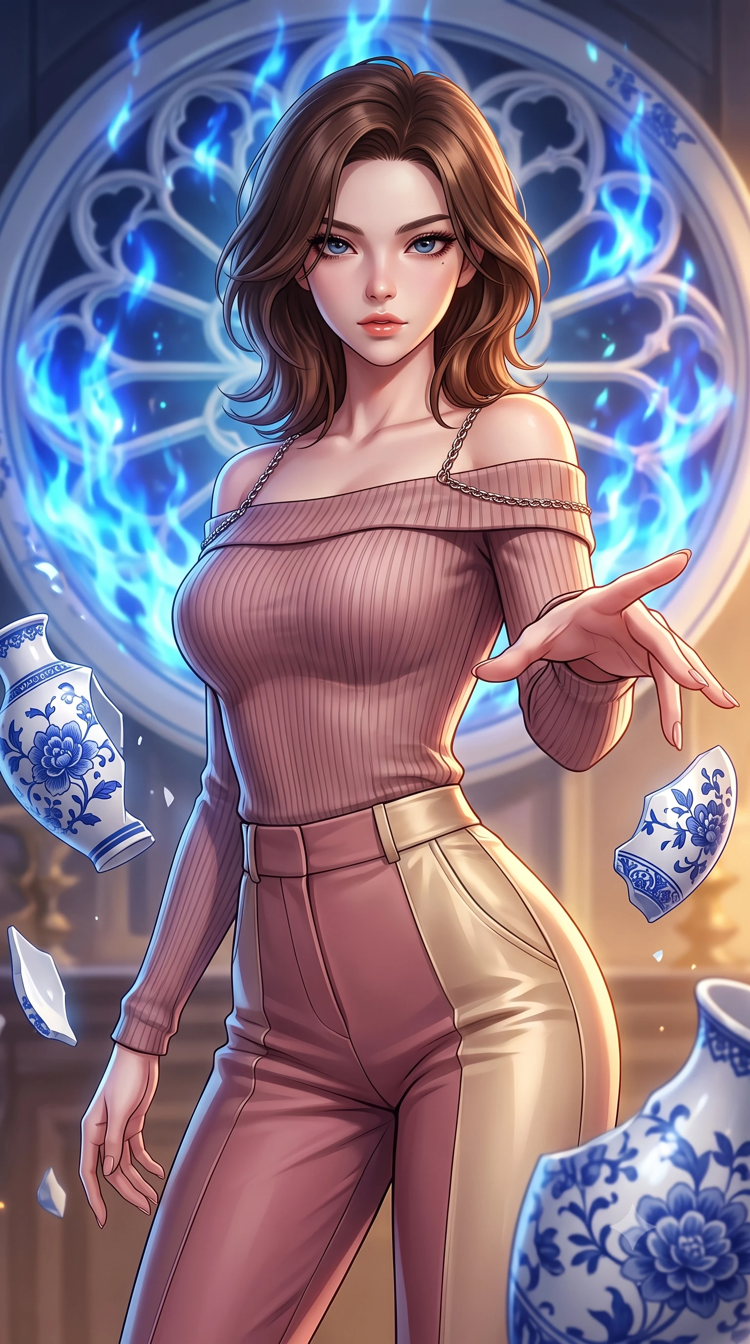 score_9, masterpiece, best quality, ultra-detailed, high-budget anime keyframe, editorial fashion photography, tasteful artistic composition, Korean woman. close-up cowboy shot from the waist and thighs up, the character dominates the composition, filling the frame with her large presence, background elements kept in soft focus. Reaching her hand gracefully toward the camera with magnetic allure, her torso turning in a dynamic S-curve alignment while pivoting dynamically in front of a giant porcelain rose window emitting sapphire flames, intricate cobalt blue floral patterns on floating white ceramic vase shards. She has an exceptionally elegant, slender, and willowy female figure with an ultra-slim waist, a gracefully sculpted slender torso, and a refined silhouette. sharp v-shaped jawline, high-bridge nose, intricate jewel-like eyes with depth, thick eyelashes, glossy lips with a natural sheen, flawlessly proportioned anatomical accuracy, natural body alignment, perfectly sculpted elegant limbs, clean dynamic posture without body distortion. wearing a sleek off-shoulder ribbed knit top paired with high-waist tailored pants in dusty rose and champagne gold, made of fine carbon-fiber weave and soft matte leather, adorned with delicate metallic chain straps along the neckline, the form-contouring material highlighting her ultra-slim waist and long lines. illuminated by a dramatic contrast of sapphire alchemy flames and warm golden glow. highly saturated vibrant anime colors, detailed shading with soft gradients, rich glossy textures, high-contrast stereoscopic depth, volumetric dynamic lighting, master piece, 9:16 ratio