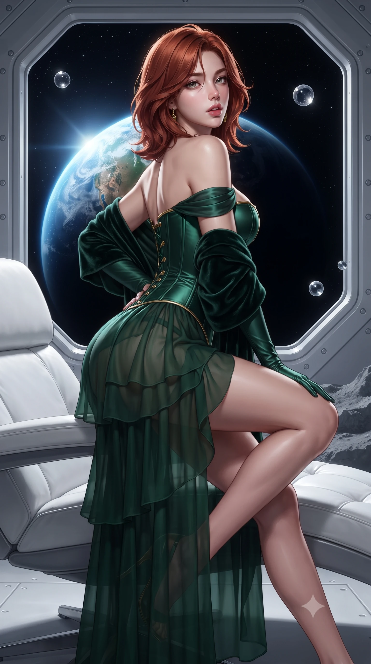 score_9, masterpiece, best quality, ultra-detailed, high-budget anime keyframe, editorial fashion photography, tasteful artistic composition, Korean woman. close-up cowboy shot from the waist and thighs up, the character dominates the composition, filling the frame with her large presence. posing in an alluring rear three-quarter angle, arching her lower back in a pronounced S-curve with one hand on her hip, glancing seductively over her bare shoulder with parted glossy lips while perching on the armrest of an aerodynamic white leather zero-gravity lounger, arching her lower back as the glowing crescent Earth rises majestically in the black cosmic viewport. The surrounding environment is rendered in vivid detail and crisp panoramic clarity. sharp quartz viewport frame rivets, floating crystal spheres, and lunar crater ridge shadows in deep focus. She has an exceptionally elegant, slender, and willowy female figure with an ultra-slim waist, flat toned midriff, narrow ribcage, and sculpted feminine hips creating an alluring, slim hourglass silhouette without bulk. sharp v-shaped jawline, high-bridge nose, intricate jewel-like eyes with depth, thick eyelashes, glossy parted lips with a natural sheen, intensely captivating and seductive bedroom-eyes expression, flawlessly proportioned anatomical accuracy, strict slender model proportions, natural body alignment, perfectly sculpted long slender limbs, ultra-slim waistline, clean dynamic posture without body distortion. wearing an off-shoulder French court corset bodice dress paired with a tiered translucent chiffon slit skirt in deep emerald green satin and gold hardware, tailored from ultra-smooth duchess satin with a pearlescent sheen, complemented by a plush velvet shawl draped loosely over her elbows, the glove-like aerodynamic silhouette tightly following the natural contour of her hips and long slender legs with statuesque 8.5-heads elegance. illuminated by crisp directional cosmic starlight sharply defining her sculpted clavicle, ultra-slim waist, and curvy hips. ultra-reflective glossy finish, specular highlights, rich textural contrasts, high-contrast stereoscopic depth, volumetric dynamic lighting, 2k, ultra detail, master piece, 9:16 ratio