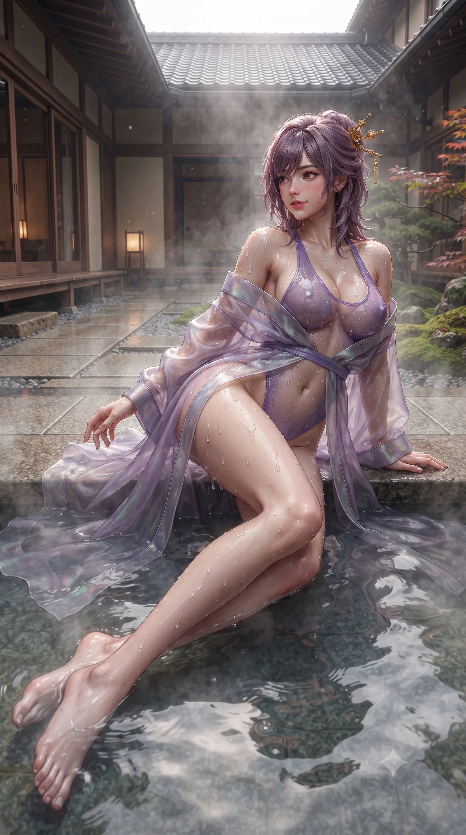 score_9, masterpiece, best quality, ultra-detailed, high-budget anime keyframe, editorial fashion photography, tasteful artistic composition, Japanese woman. low angle full-body shot from head to toe showing her feet, filling the entire 9:16 vertical frame with her statuesque presence, stretching her vertical silhouette. executing a slow, graceful pivot turn as her skirt sways around her slender legs, glancing back with an enchanting, teasing sensual expression while lounging gracefully in the shallow hot spring propped on one elbow, her statuesque 8.5-heads silhouette radiating intimate Kyoto allure. The surrounding environment is rendered in vivid detail and crisp panoramic clarity: detailed wet-look high-cut monokini cling, gold hairpin shine, and traditional Kyoto courtyard craftsmanship in razor-sharp precision. She has an absolutely perfect, statuesque 8.5-heads proportion, an exceptionally tall and slender model-like female figure with impossibly long slender legs, an ultra-slim waist, a flat toned midriff, narrow delicate ribcage, and beautifully sculpted feminine hips creating a graceful, slim hourglass silhouette without any bulky heaviness. sharp v-shaped jawline, high-bridge nose, sparkling eyes with hypnotic seductive depth, thick curled eyelashes, glossy parted lips with a natural dewy peach sheen, alluring bedroom-eyes with an enchanting coquettish smile, exuding magnetic siren charisma and sophisticated glamour, flawlessly proportioned anatomical accuracy, strict slender model proportions, natural body alignment, perfectly sculpted long slender limbs, ultra-slim waistline, clean dynamic posture without body distortion. wearing a sheer silk organza modern kimono robe worn loose and slipping off bare shoulders over a matching satin bralette and micro-shorts in dusk lavender and iridescent silver, tailored from fine structural neoprene with crisp architectural edges and smooth contouring, finished with glistening drops of hot spring or lagoon water beading across her sculpted shoulders and collarbones, the precision-cut side openings and low-back scoop framing her graceful spine and the sensual sweep of her slim, toned hips. illuminated by steam particle light scatter and sharp crimson-gold rim lights defining her delicate clavicles, ultra-slim waist, and curvy hips. ultra-reflective glossy finish, specular highlights, rich textural contrasts, high-contrast stereoscopic depth, volumetric dynamic lighting, 2k, ultra detail, master piece, 9:16 ratio