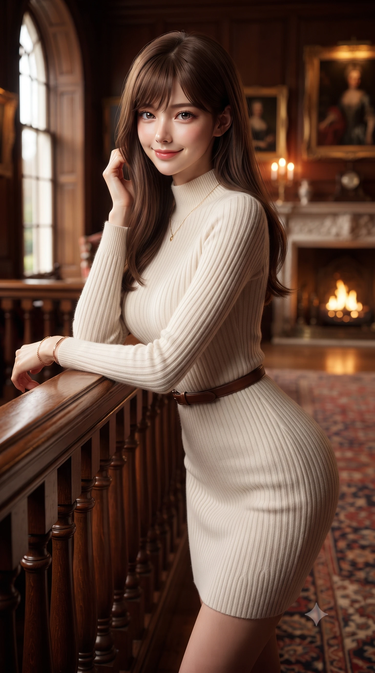 score_9, masterpiece, best quality, ultra-detailed, high-budget anime keyframe, editorial fashion photography, tasteful artistic composition, Korean woman. close-up cowboy shot from the waist and thighs up, the character dominates the composition, filling the frame with her large presence. resting both elbows on the balustrade while leaning forward gracefully, her smile sparkling with youthful cute charm and seductive allure while walking across the antique Persian carpet toward the tall sash windows, turning with an alluring, warm tilt of her head. The background shows a soft-focus flickering golden firelight from ornate hearth, oil paintings in gilded rococo frames, and rich wood wall paneling blurred into mahogany, crimson, and gold bokeh. She has an exceptionally elegant, slender, and willowy female figure with an ultra-slim waist, flat toned midriff, narrow ribcage, and sculpted feminine hips creating an alluring, slim hourglass silhouette without bulk. sharp v-shaped jawline, high-bridge nose, intricate jewel-like sparkling eyes with depth, thick eyelashes, glossy parted lips with a natural peach sheen, bright cheerful beaming smile with an enchanting and coquettish sensual glint, exuding both youthful cute charm and seductive allure, flawlessly proportioned anatomical accuracy, strict slender model proportions, natural body alignment, perfectly sculpted long slender limbs, ultra-slim waistline, clean dynamic posture without body distortion. wearing a sculpted cable-ribbed cashmere bodycon sweater dress with long fitted sleeves and a snug mock-neck tracing her slender silhouette in Swiss alpine snow white and oat cashmere, tailored from stretch wool crepe providing structured compression and razor-sharp bodycon lines, finished with a slim equestrian bridle-leather belt cinched tightly at the narrowest point of her waist, the body-conscious tailored knit hugging her sculpted torso and curvaceous hips in a seamless, fluid line that highlights her statuesque model proportions. illuminated by dark wood paneling reflection bounce and warm amber rim lights sculpting her cheekbones, waistline, and slender posture. ultra-reflective glossy finish, specular highlights, rich textural contrasts, high-contrast stereoscopic depth, volumetric dynamic lighting, 2k, ultra detail, master piece, 9:16 ratio