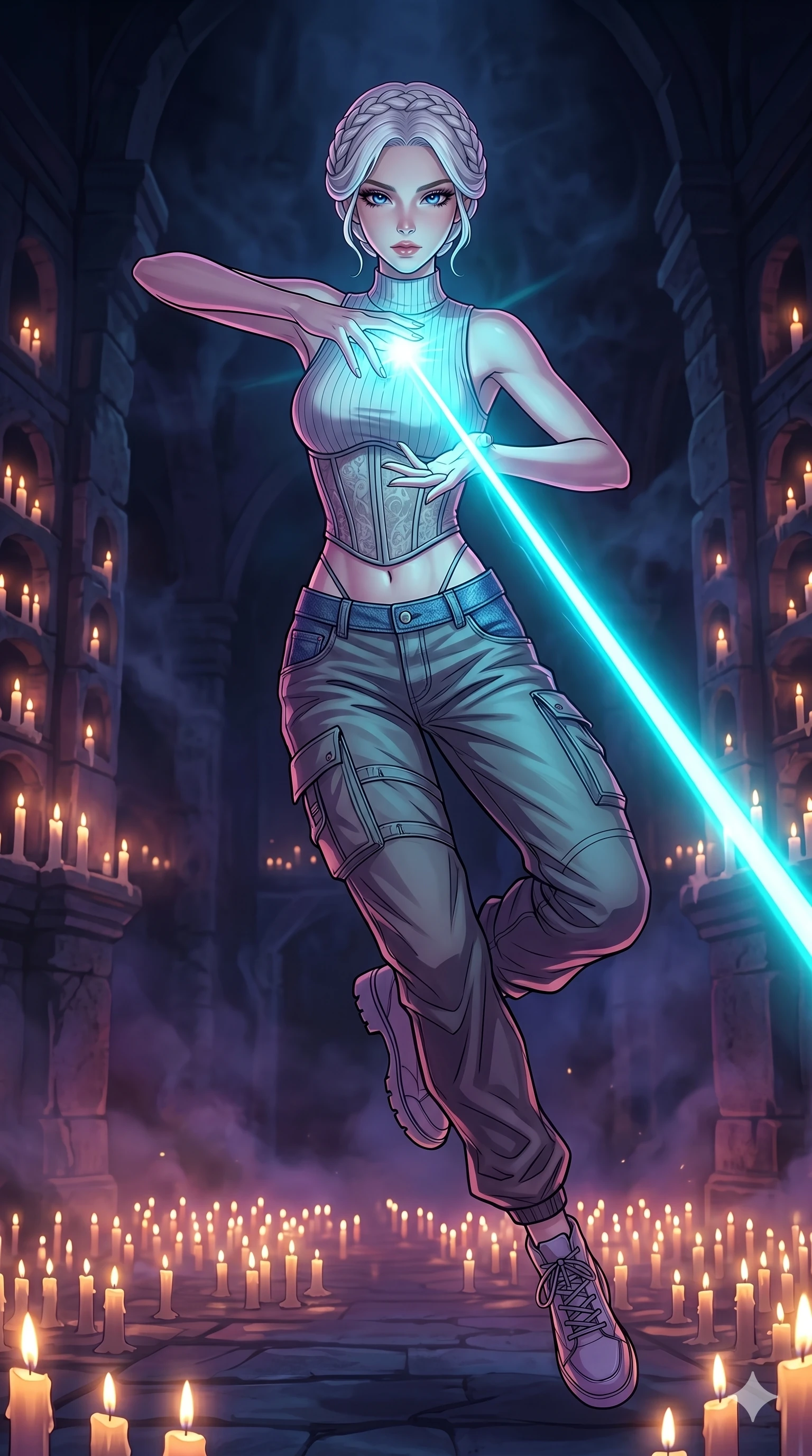 score_9, masterpiece, best quality, ultra-detailed, high-budget anime movie keyframe, cinematic anime lighting, intricate line art, Caucasian (strictly human ears) woman. Mid-air action shot capturing a graceful twist and vertical silhouette. manipulating the light of a thousand candles to form a laser. She has an absolutely perfect 8-heads proportion, an exceptionally tall and slender female figure with graceful and slender proportions. strictly human anatomy, two legs only, no extra limbs, clearly defined legs and arms, perfect anatomy, perfect hands and fingers. sharp v-shaped jawline, high-bridge nose, intricate jewel-like eyes, thick eyelashes, glossy lips. Wearing Urban Trendsetter: Ribbed bodycon dress, crop top with high-waist denim, and elegant corset with cargo pants. The scene is illuminated by dramatic atmospheric lighting and vibrant color palettes. , 2k, ultra detail, master piece, 9:16 ratio