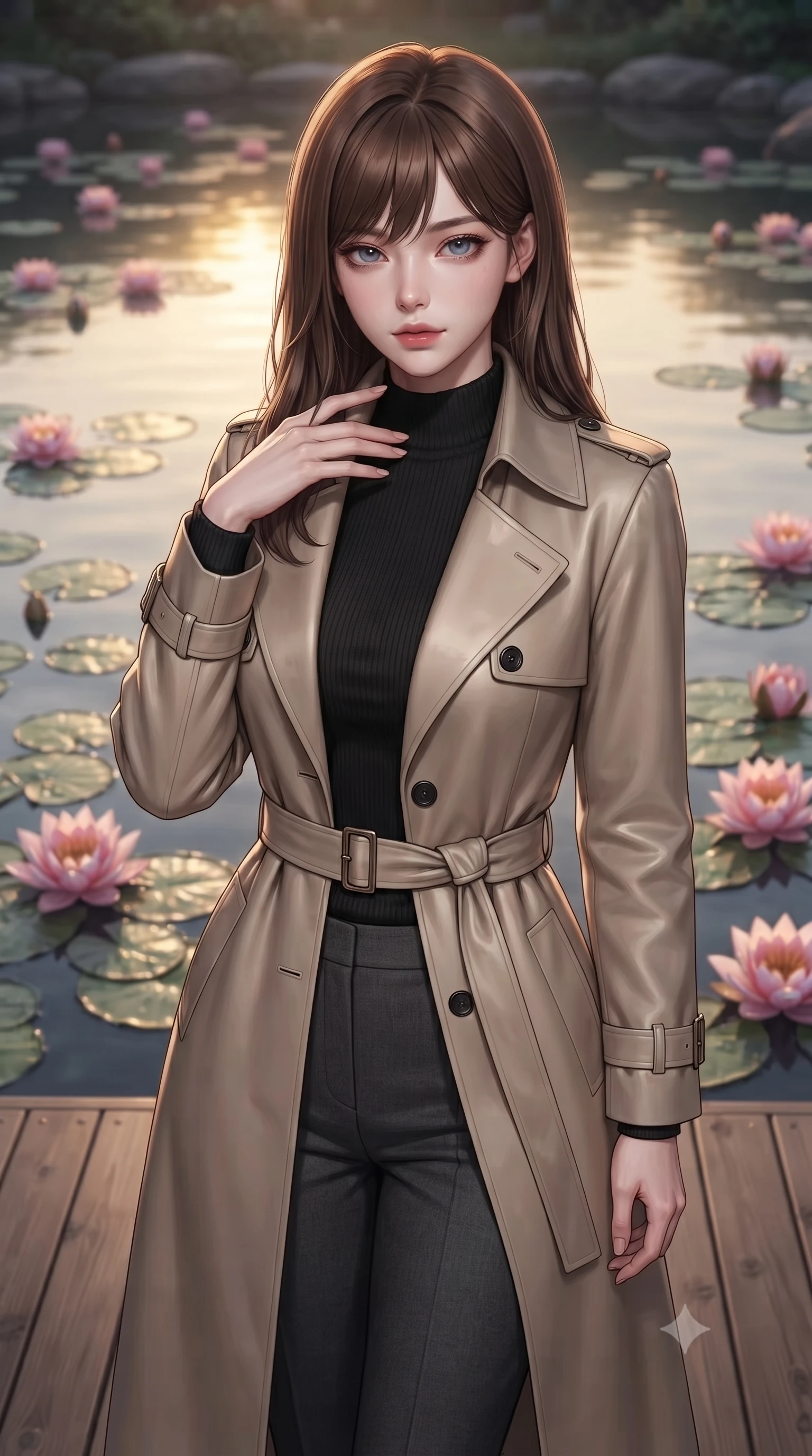 score_9, masterpiece, best quality, ultra-detailed, high-budget anime keyframe, editorial fashion photography, tasteful artistic composition, Korean woman woman. close-up cowboy shot from the waist and thighs up, the character dominates the composition, filling the frame with her large presence, background elements kept in soft focus. standing with one hand resting on her collarbone, looking at the viewer with bedroom-eyes the background shows a soft-focus a wooden deck overlooking a calm Zen pond filled with blooming pink water lilies. She has an exceptionally elegant, slender, and willowy female figure with an ultra-slim waist, a gracefully sculpted slender torso, and a refined silhouette. sharp v-shaped jawline, high-bridge nose, intricate jewel-like eyes with depth, thick eyelashes, glossy lips with a natural sheen. wearing a body-hugging classic beige trench coat worn closed over a black mock-neck knit top and charcoal slacks. soft twilight glow reflecting on the still water surface. ultra-reflective glossy finish, specular highlights, metallic sheen, high-contrast stereoscopic depth, volumetric dynamic lighting, 2k, ultra detail, master piece, 9:16 ratio