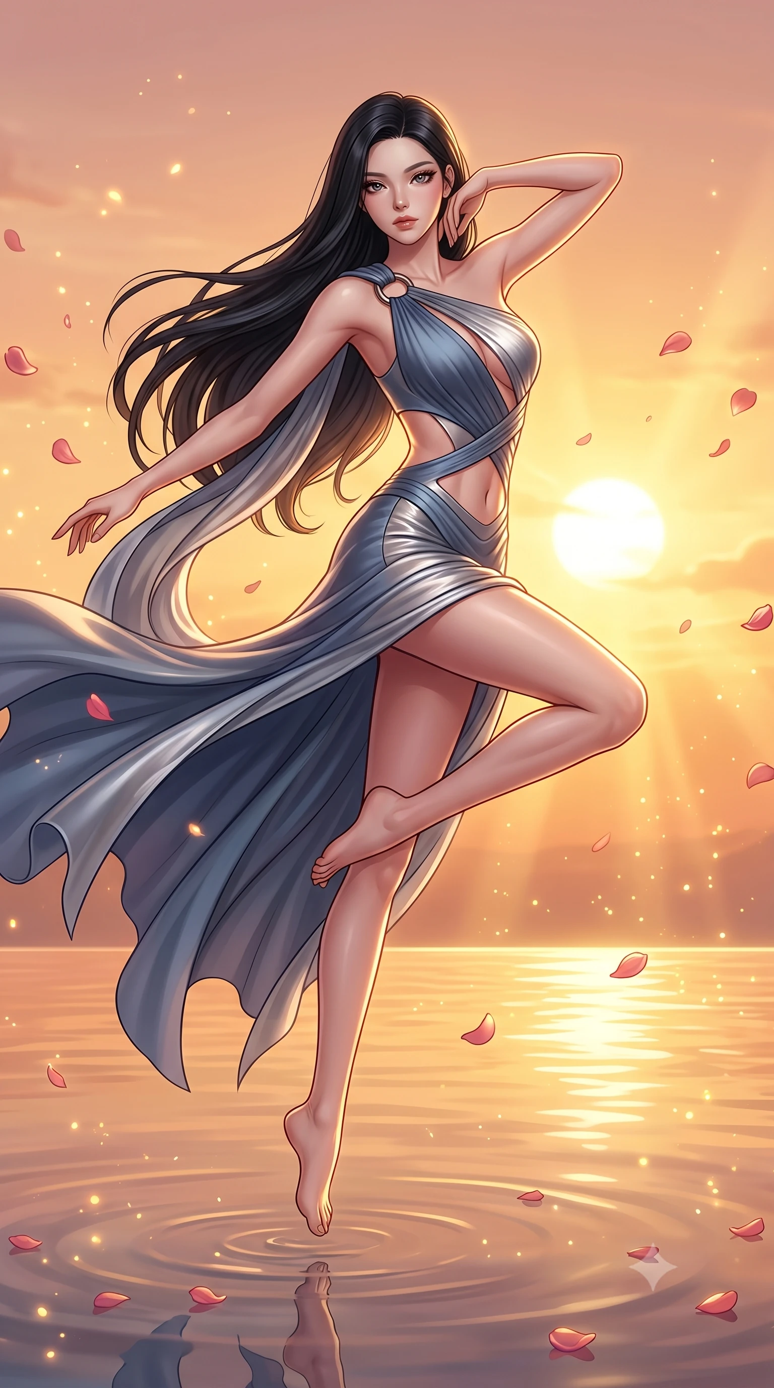 score_9, masterpiece, best quality, ultra-detailed, high-budget anime keyframe, editorial fashion photography, tasteful artistic composition, Korean woman. low angle full-body shot from head to toe showing her feet, filling the entire 9:16 vertical frame with her statuesque presence, stretching her vertical silhouette. performing an athletic mid-air rotation with flawless poise, her vertical silhouette beautifully stretched while leaping gracefully over an infinity reflecting pool mirroring a warm golden sunset sky, floating rose petals and golden solar dust sparkling in the warm air. She has an absolutely perfect, statuesque 8.5-heads proportion, an exceptionally tall and slender model-like female figure with impossibly long slender legs and an ultra-slim waist. sharp v-shaped jawline, high-bridge nose, intricate jewel-like eyes with depth, thick eyelashes, glossy lips with a natural sheen, flawlessly proportioned anatomical accuracy, natural body alignment, perfectly sculpted elegant limbs, clean dynamic posture without body distortion. wearing an asymmetrical Grecian draped chiffon gown with a metallic shoulder ring in slate blue and metallic silver, formed from sleek second-skin neoprene, featuring subtle geometric cutouts that highlight her ultra-slim midriff, the form-contouring material highlighting her ultra-slim waist and long lines. bathed in glorious golden hour sunbeams and warm rose-gold ambient light. highly saturated vibrant anime colors, detailed shading with soft gradients, rich glossy textures, high-contrast stereoscopic depth, volumetric dynamic lighting, master piece, 9:16 ratio