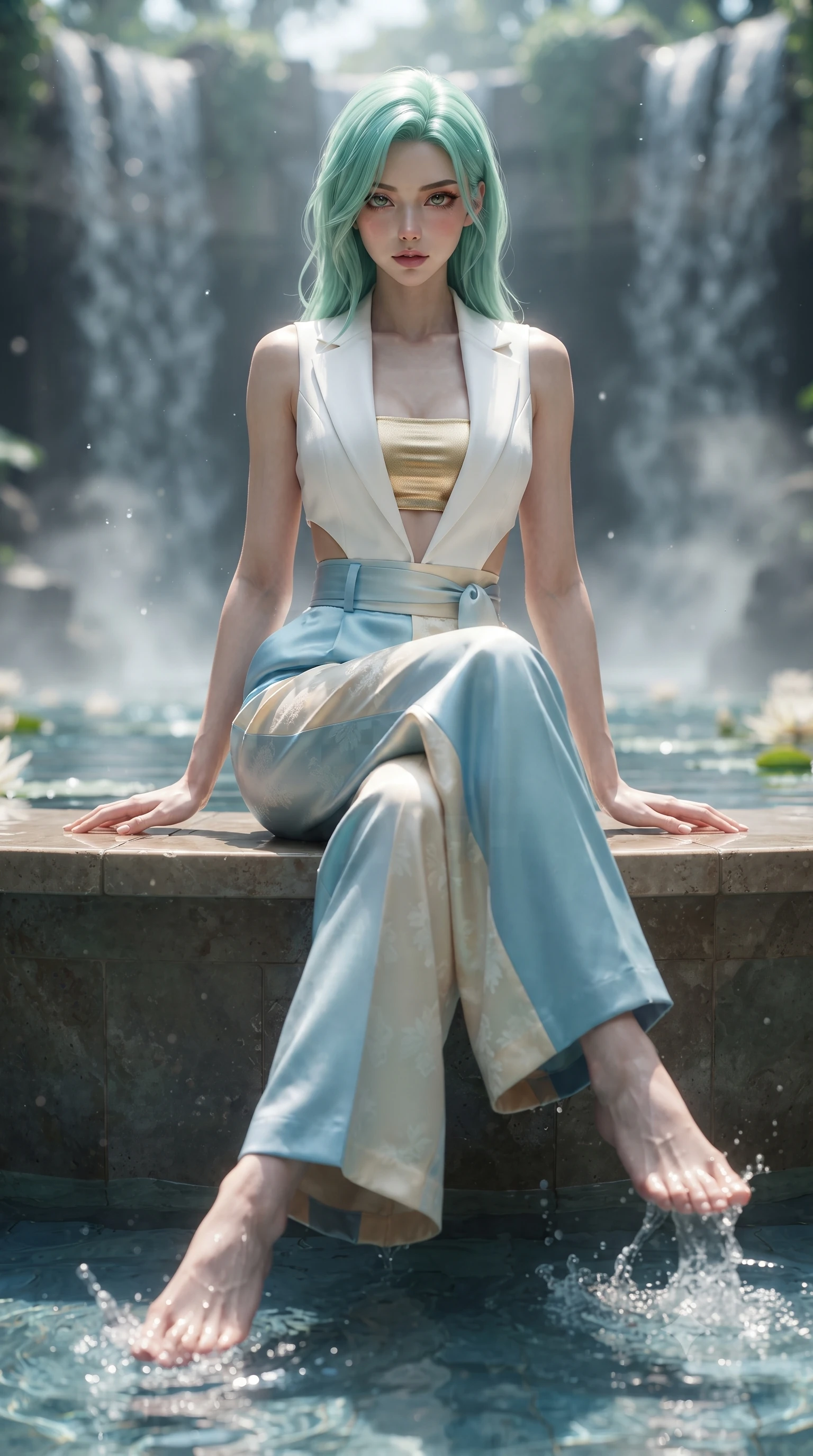 score_9, masterpiece, best quality, ultra-detailed, high-budget anime keyframe, editorial fashion photography, tasteful artistic composition, Japanese woman. low angle full-body shot from head to toe showing her feet, filling the entire 9:16 vertical frame with her statuesque presence, stretching her vertical silhouette. sitting poised on the elevated edge with legs crossed and extended, her tall 8.5-heads proportions dominating the scene with effortless poise while wading lightly into the shallow lotus pool, water splashing around her slender ankles in glittering droplets. The composition keeps background elements in soft focus with creamy bokeh. cascading canopy waterfalls and rising water vapors softened in cinematic atmospheric depth. She has an absolutely perfect, statuesque 8.5-heads proportion, an exceptionally tall and slender model-like female figure with impossibly long slender legs, a toned flat midriff, and an ultra-slim waist. sharp v-shaped jawline, high-bridge nose, intricate jewel-like eyes with depth, thick eyelashes, glossy parted lips with a natural sheen, intensely captivating and seductive expression, flawlessly proportioned anatomical accuracy, strict slender model proportions, natural body alignment, perfectly sculpted long slender limbs, ultra-slim waistline, clean dynamic posture without body distortion. wearing a tailored white solar-fiber tuxedo vest worn open over a metallic gold bandeau top and wide slacks in sky azure and soft sunlight cream, tailored from smooth liquid silk satin with subtle floral jacquard, accented with a wide sash belt cinching her impossibly narrow waist, the precision-cut architectural openings accentuating her delicate midriff, graceful bare collarbones, and feminine curves with statuesque precision. bathed in midday azure skylight and shimmering pool water caustic bounce lights. ultra-reflective glossy finish, specular highlights, rich textural contrasts, high-contrast stereoscopic depth, volumetric dynamic lighting, 2k, ultra detail, master piece, 9:16 ratio