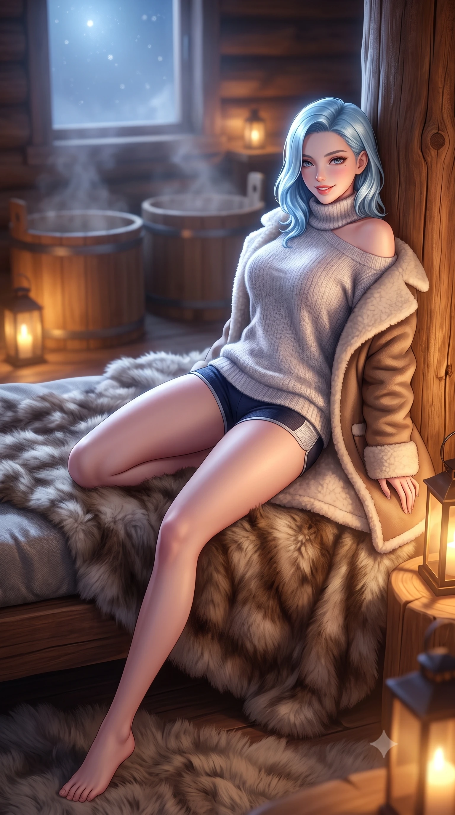 score_9, masterpiece, best quality, ultra-detailed, high-budget anime keyframe, semi-realistic 3D game render, editorial fashion photography, tasteful artistic composition, Korean woman. low angle full-body shot from head to toe showing her feet, filling the entire 9:16 vertical frame with her statuesque presence, stretching her vertical silhouette. reclining languidly on her side across the fur-draped daybed with one knee drawn up, her radiant smile and arched hip curve commanding the 9:16 vertical frame with youthful sensual charisma while leaning against the massive hand-hewn cedar log post with hips cocked back, casting a captivating, starry bedroom-gaze toward the camera. The composition keeps background elements in soft focus with dreamy creamy bokeh. steaming wooden banya barrels and warm lantern glows softened in Siberian wilderness luxury shallow focus. She has an exceptionally tall and slender model-like 8.5-heads proportion, an ultra-slim waist, a flat toned midriff, narrow delicate ribcage, and beautifully sculpted feminine hips creating a graceful, slim hourglass silhouette without any bulky heaviness, with impossibly long slender legs. sharp v-shaped jawline, high-bridge nose, sparkling ice-crystal eyes with depth, frosty thick lashes, glossy parted lips with a rosy berry sheen, bright playful smile with an intoxicating seductive glint, rosy flushed cheeks radiating cozy warmth and dangerous allure, flawlessly proportioned anatomical accuracy, strict slender model proportions, natural body alignment, perfectly sculpted long slender limbs, ultra-slim waistline, clean dynamic posture without body distortion. wearing a cozy oversized mohair turtleneck sweater falling off one bare shoulder over micro-shorts in midnight navy and starlight silver, made of supple second-skin thermal stretch jersey clinging flawlessly to her form, complemented by an oversized plush shearling coat draped casually over one shoulder, the form-contouring cut accentuating her sculpted flat midriff, narrow delicate ribcage, and gracefully curvy hips with alpine supermodel elegance. bathed in brilliant cold silver starlight from above and warm golden lantern wash from below. highly saturated vibrant anime colors, detailed shading with soft gradients, rich glossy textures, high-contrast stereoscopic depth, volumetric dynamic lighting, master piece, 9:16 ratio