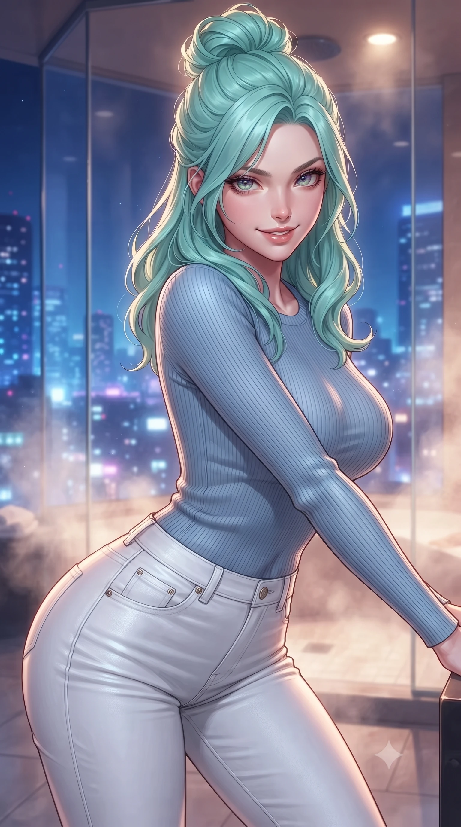 score_9, masterpiece, best quality, ultra-detailed, high-budget anime keyframe, editorial fashion photography, tasteful artistic composition, Japanese woman woman. close-up cowboy shot from the waist and thighs up, the character dominates the composition, filling the frame with her large presence, background elements kept in soft focus. leaning slightly forward with a playful, teasing smile, her gaze locked onto the viewer the background shows a soft-focus a high-rise private steam room with glass walls overlooking the city lights at night. She has an exceptionally elegant, slender, and willowy female figure with an ultra-slim waist, a gracefully sculpted slender torso, and a refined silhouette. sharp v-shaped jawline, high-bridge nose, intricate jewel-like eyes with depth, thick eyelashes, glossy lips with a natural sheen. wearing a body-hugging body-hugging light blue ribbed long-sleeve top paired with tight white denim pants. glittering blue and violet city skyline lights contrasting with warm steam glow. ultra-reflective glossy finish, specular highlights, metallic sheen, high-contrast stereoscopic depth, volumetric dynamic lighting, 2k, ultra detail, master piece, 9:16 ratio