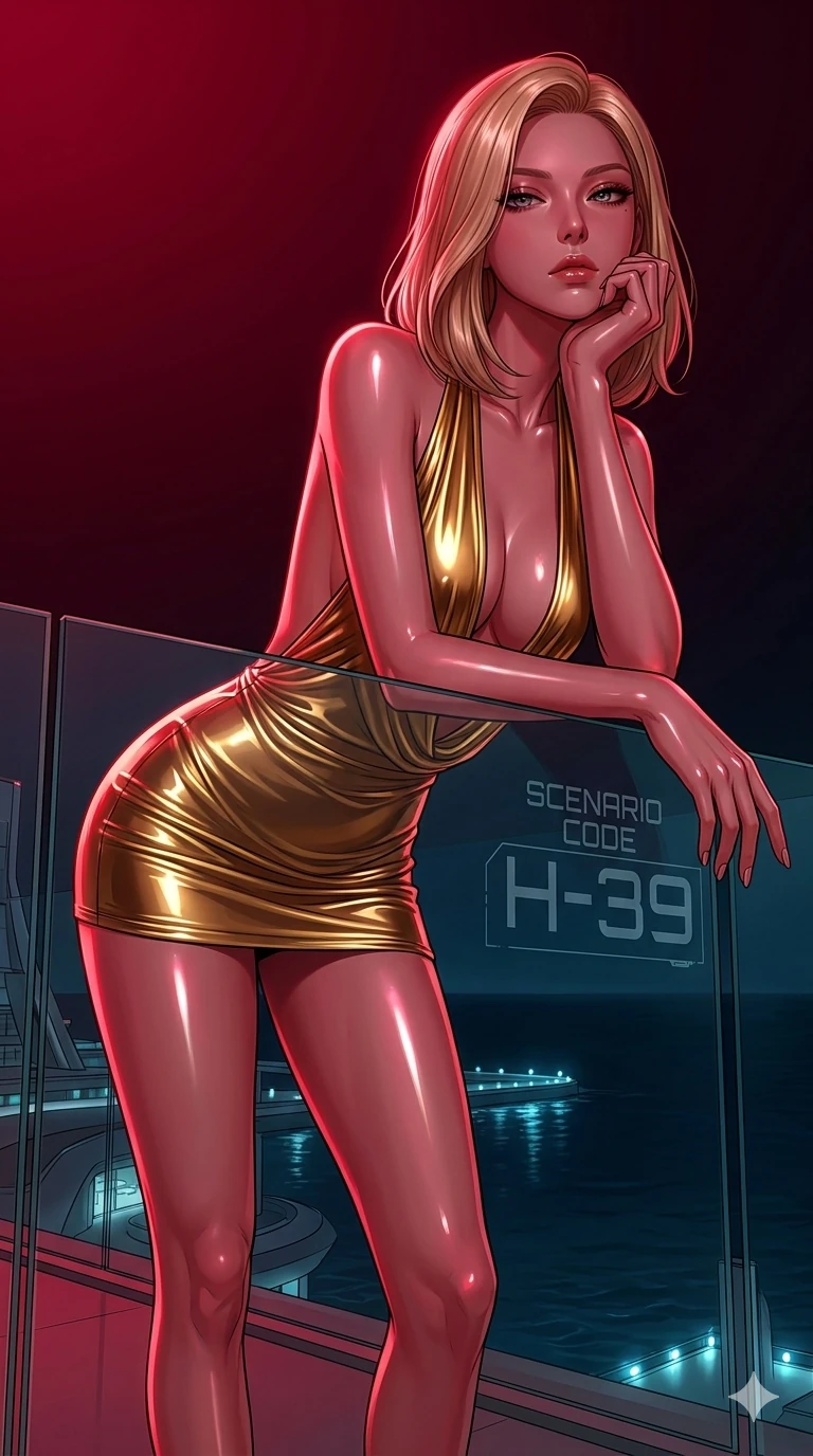 score_9, masterpiece, best quality, ultra-detailed, high-budget anime keyframe, editorial fashion photography, tasteful artistic composition, Korean woman. cowboy shot from the thighs up, character and outfit filling the frame for maximum editorial presence. resting her chin on the back of her fingers, looking down at the camera with a haughty, expressionless face leaning over the glass balcony of a futuristic luxury resort by the dark sea (Scenario Code H-39). She has an absolutely perfect 8-heads proportion, an exceptionally tall and slender female figure with impossibly long slender legs and an ultra-slim waist. V-shaped jawline, high-bridge nose, intricate jewel-like eyes with depth, thick eyelashes, glossy lips with a natural sheen. wearing an ultra-deep plunging halter neck micro-dress in liquid gold jersey fabric, leaving her back fully bare. drenched in a deep crimson theatrical lighting with sharp specular highlights on every curve. 2k, ultra detail, master piece, 9:16 ratio