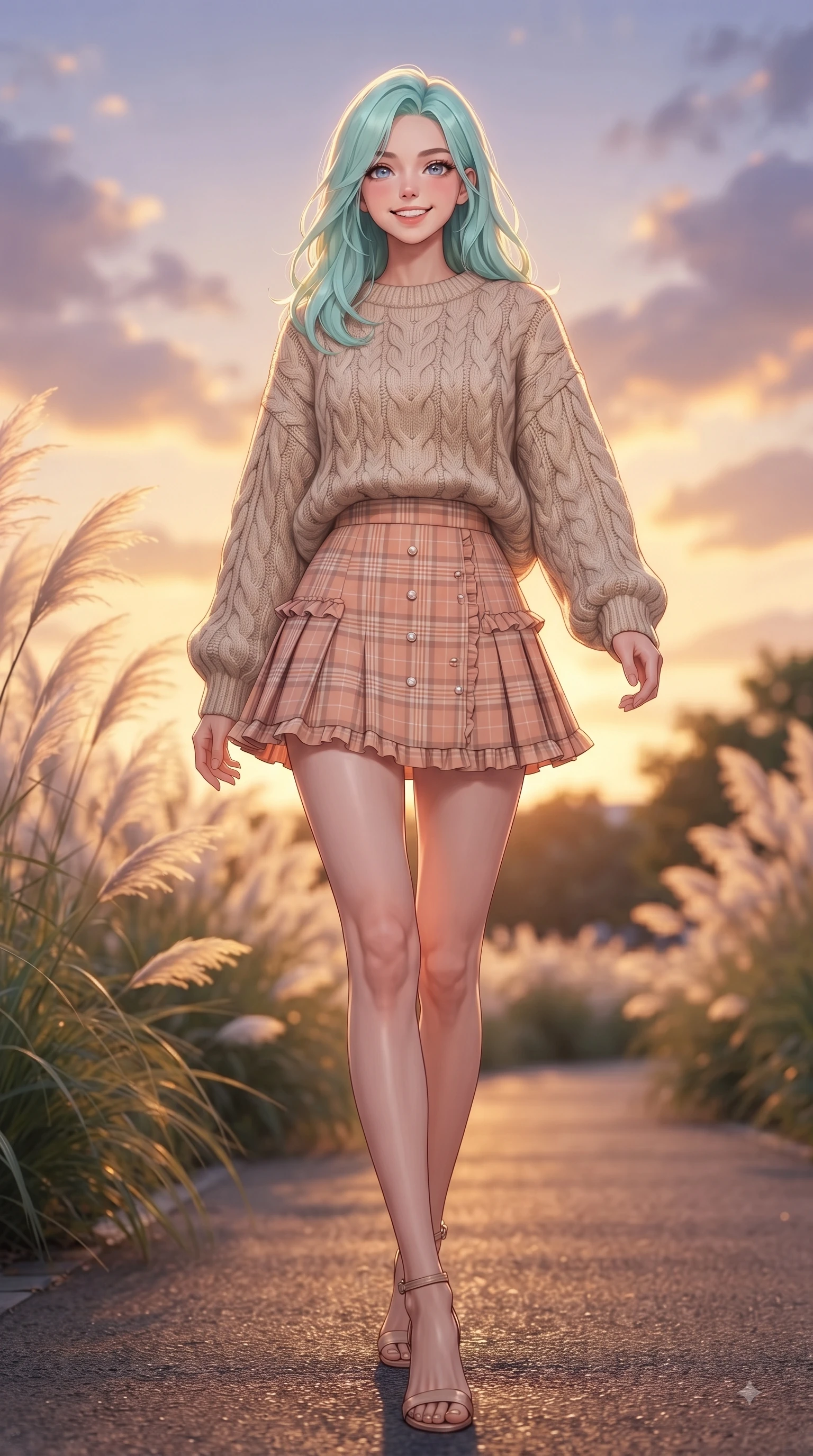 score_9, masterpiece, best quality, ultra-detailed, high-budget anime keyframe, editorial fashion photography, tasteful artistic composition, Japanese woman. low angle full-body shot from head to toe showing her feet, filling the entire 9:16 vertical frame with her statuesque presence, stretching her vertical silhouette. walking forward in a proud dynamic stride with a cheerful beaming smile, her vertical silhouette filling the frame while walking cheerfully along a park pathway bordered by swaying pampas grass as sunset light paints the sky. The composition keeps background elements in soft focus with dreamy bokeh. swaying pampas grass and glowing sunset clouds softened in a dreamy background focus. She has an absolutely perfect, statuesque 8.5-heads proportion, an exceptionally tall and slender model-like female figure with impossibly long slender legs and an ultra-slim waist. sharp v-shaped jawline, high-bridge nose, intricate jewel-like eyes with depth, thick eyelashes, glossy lips with a natural sheen, flawlessly proportioned anatomical accuracy, natural body alignment, perfectly sculpted elegant limbs, clean dynamic posture without body distortion. wearing a cozy oversized cable-knit sweater paired with a chic pleated plaid mini skirt in peach blossom pink and warm oatmeal, crafted from soft breathable linen, finished with subtle ruffle trims and delicate pearl buttons, the relaxed yet flattering fit accentuating her naturally graceful and slender figure. illuminated by soft glowing sunset reflections with cheerful golden rim lights. ultra-reflective glossy finish, specular highlights, metallic sheen, high-contrast stereoscopic depth, volumetric dynamic lighting, 2k, ultra detail, master piece, 9:16 ratio