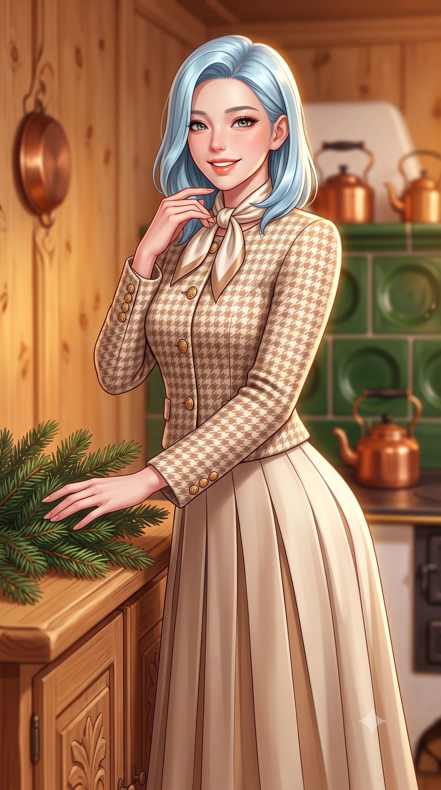 score_9, masterpiece, best quality, ultra-detailed, high-budget anime keyframe, semi-realistic 3D game render, editorial fashion photography, tasteful artistic composition, Korean woman. close-up cowboy shot from the waist and thighs up, the character dominates the composition, filling the frame with her large presence. touching her silk scarf with delicate fingertips while casting an affectionate, warm glance toward the lens while standing poised at the hand-carved Arvenholz pine dining credenza, arranging fragrant winter pine branches with graceful domestic poise. The background shows a soft-focus hand-carved Swiss stone pine wood walls, painted green ceramic stove tiles, and copper kettles blurred into warm honey, forest green, and amber bokeh. She has an exceptionally elegant, slender, and willowy female figure with an ultra-slim waist, flat toned midriff, narrow ribcage, and sculpted feminine hips creating an alluring, slim hourglass silhouette without bulk. sharp v-shaped jawline, high-bridge nose, intricate jewel-like sparkling eyes with depth, thick eyelashes, glossy parted lips with a natural peach sheen, bright cheerful beaming smile with an enchanting and coquettish sensual glint, exuding both youthful cute charm and seductive allure, flawlessly proportioned anatomical accuracy, strict slender model proportions, natural body alignment, perfectly sculpted long slender limbs, ultra-slim waistline, clean dynamic posture without body distortion. wearing a structured houndstooth tweed jacket with gold embossed buttons and a matching pleated A-line midi skirt in soft champagne ivory and warm biscuit beige, tailored from heavyweight double-faced wool with clean architectural edges, complemented by classic polished leather oxfords with brogue perforations, the streamlined silhouette following her natural slender proportions with sophisticated poise, enhancing her tall willowy presence. illuminated by honey pine wall reflection bounce and warm buttery rim lights sculpting her features and slender hourglass curves. highly saturated vibrant anime colors, detailed shading with soft gradients, rich glossy textures, high-contrast stereoscopic depth, volumetric dynamic lighting, master piece, 9:16 ratio