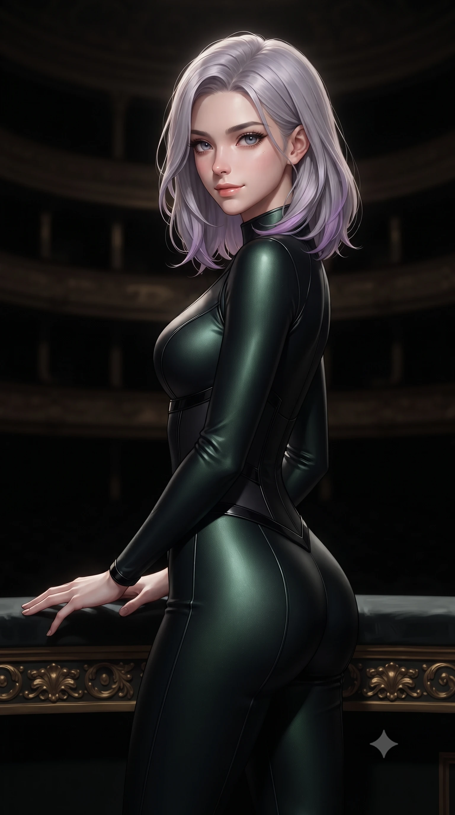 score_9, masterpiece, best quality, ultra-detailed, high-budget anime keyframe, editorial fashion photography, tasteful artistic composition, Caucasian woman. close-up cowboy shot from the waist and thighs up, the character dominates the composition, filling the frame with her large presence, background elements kept in soft focus. Smiling with quiet, magnetic self-assurance directly into the camera, gazing out over a colossal pitch-dark opera hall from an ornate dark gold booth, shadowy opera house architecture fading into pitch-black soft focus. She has an exceptionally elegant, slender, and willowy female figure with an ultra-slim waist, a gracefully sculpted slender torso, and a refined silhouette. sharp v-shaped jawline, high-bridge nose, intricate jewel-like eyes with depth, thick eyelashes, glossy lips with a natural sheen. wearing second-skin matte carbon-fiber combat suit in onyx black in deep emerald green, made of soft dark satin, adorned with minimalist black onyx hardware framing the silhouette, highlighting her statuesque proportions and ultra-slim waistline. illuminated by a single brilliant theatrical key light emerging from dark opera shadows. ultra-reflective glossy finish, specular highlights, metallic sheen, high-contrast stereoscopic depth, volumetric dynamic lighting, 2k, ultra detail, master piece, 9:16 ratio