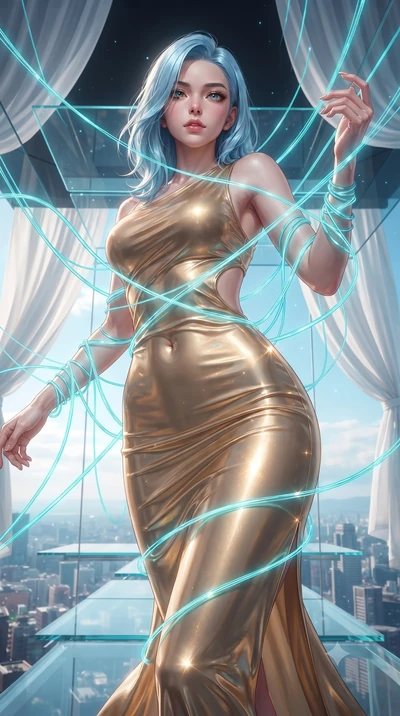 score_9, masterpiece, best quality, ultra-detailed, High-budget Anime Keyframe, editorial fashion photography, tasteful artistic composition, realistic cosplay photography, East Asian woman. Low angle cowboy shot filling the entire 9:16 frame with he